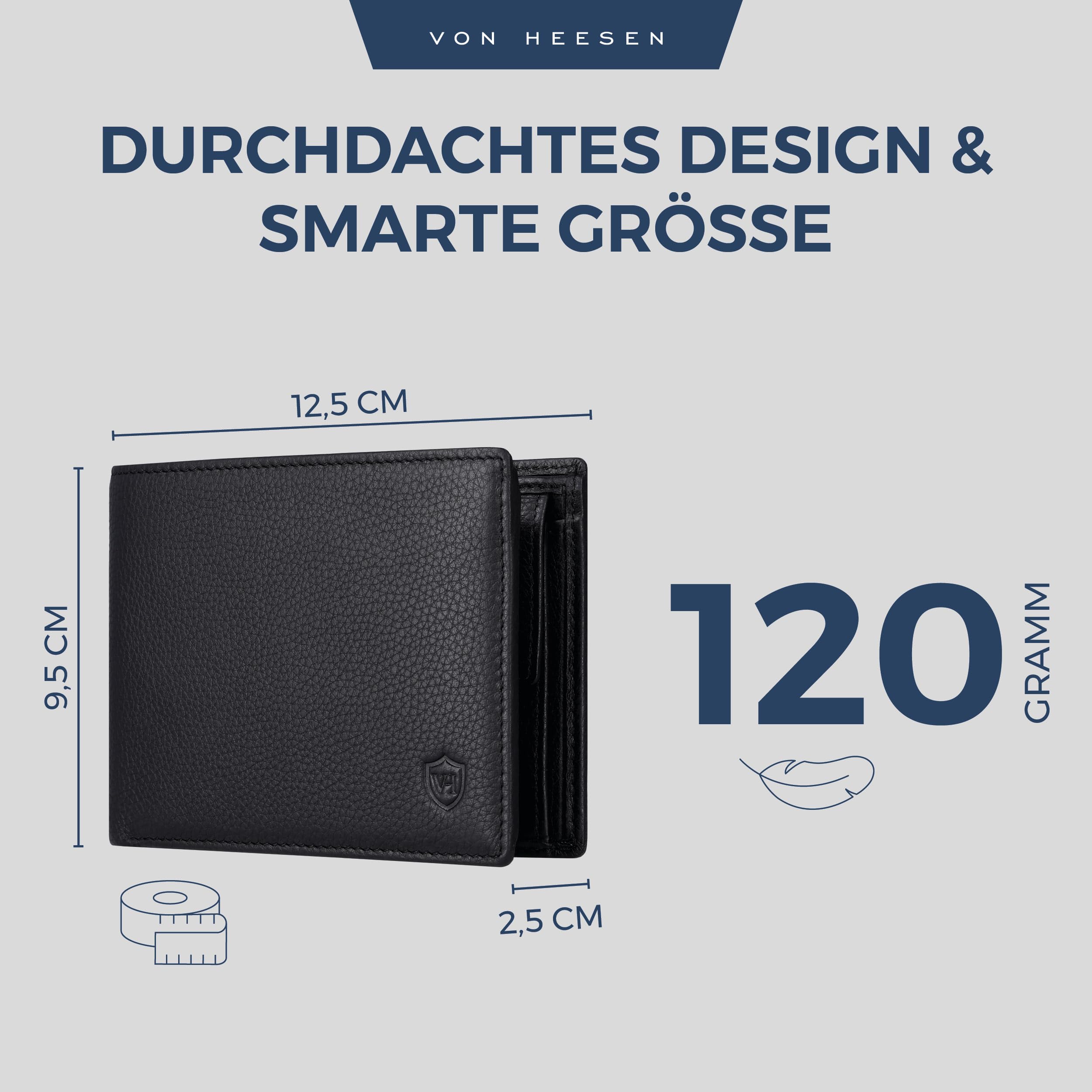 VON HEESEN Leder Geldbörse Herren mit RFID Schutz I Echtleder Geldbeutel für Männer I Münzbörse Portemonnaie Brieftasche Wallet Portmonee (Schwarz)