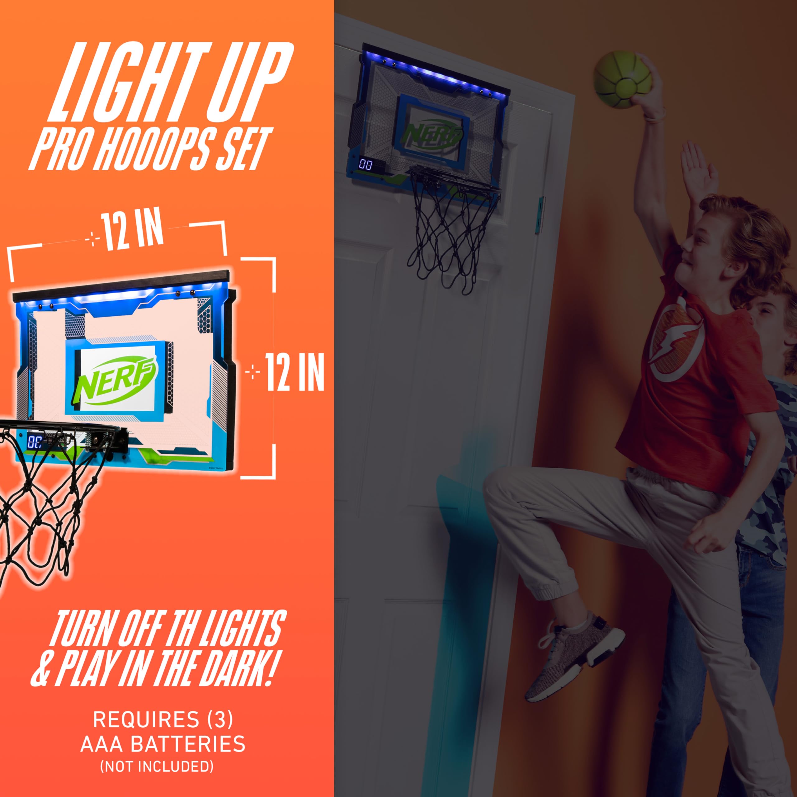 NERF Pro Hoop Set de Baloncesto con minicanasta LED de Puerta y minibalón, para Mates, Canasta de Baloncesto Infantil iluminada, para Dormitorio e Interiores, electrónica