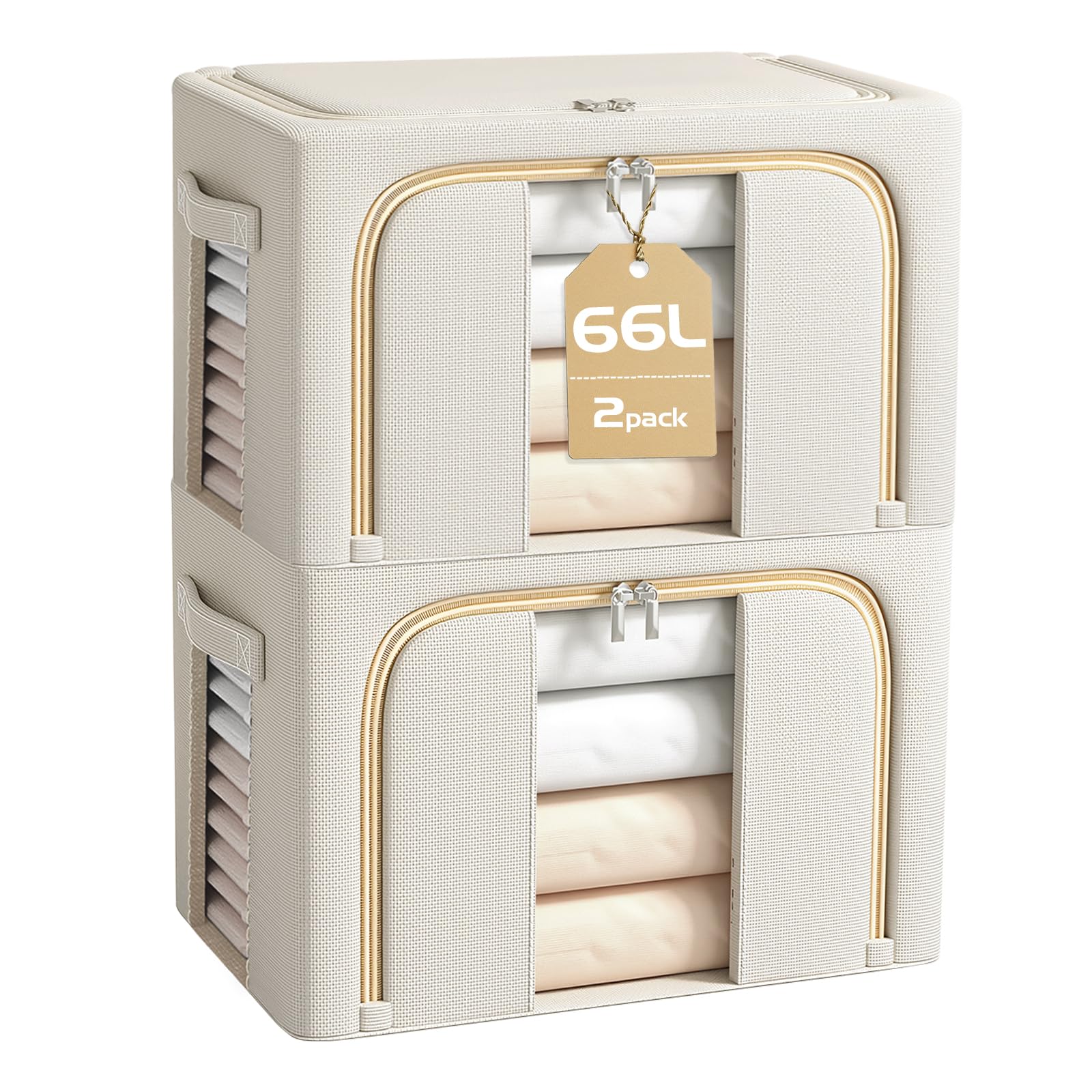 BOUDOI Storage Boxes Organiser,66L Clothes Storage Boxes with Metal Frame＆Top and Front Opening Zip with Clear Window,Fabric Foldable Storage Boxes Wardrobe Storage Organiser for Bedding,Clothes-Beige