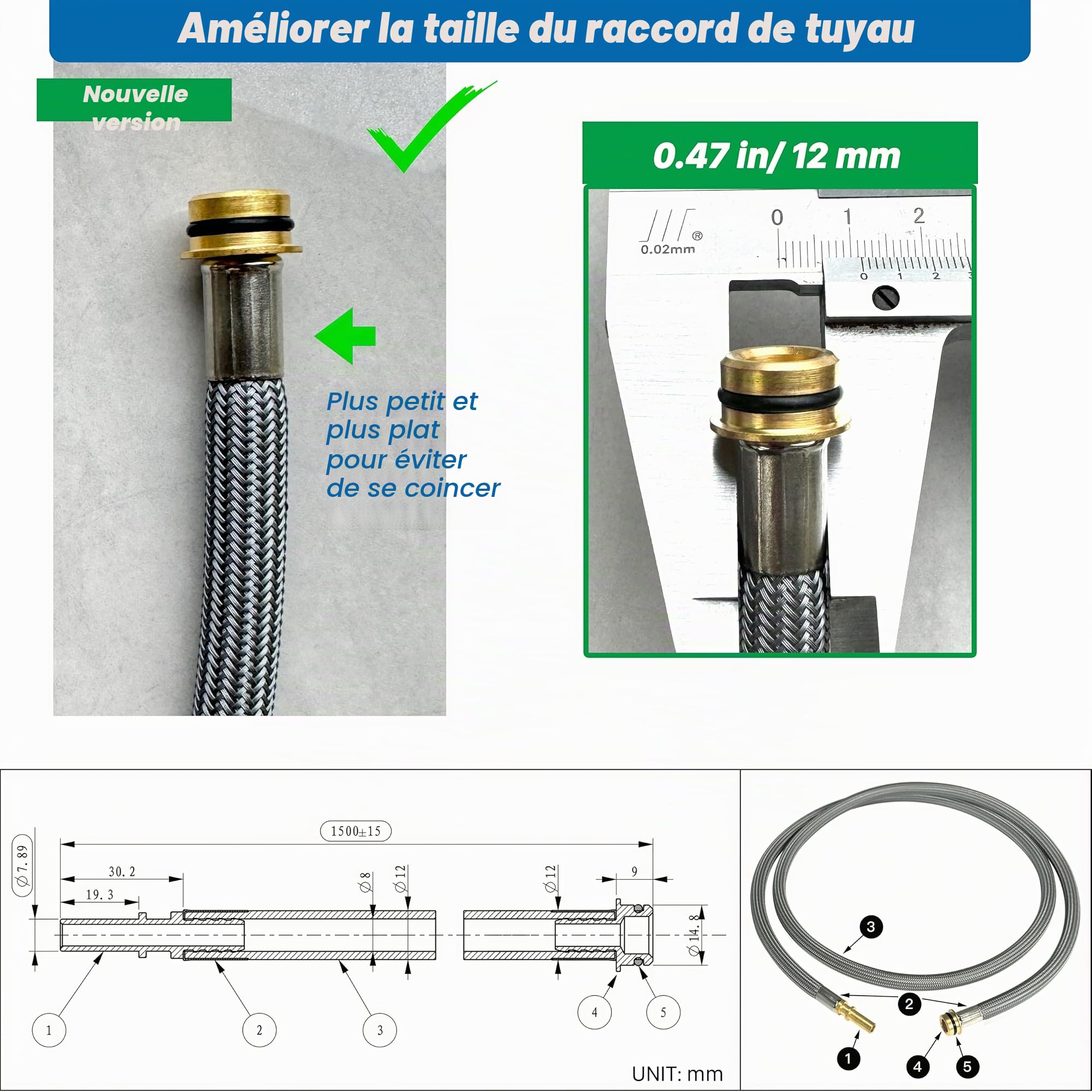 88624000 Pièce de rechange pour tuyau de robinet de cuisine Hansgrohe 95507000 95506000, longueur 149,9 cm
