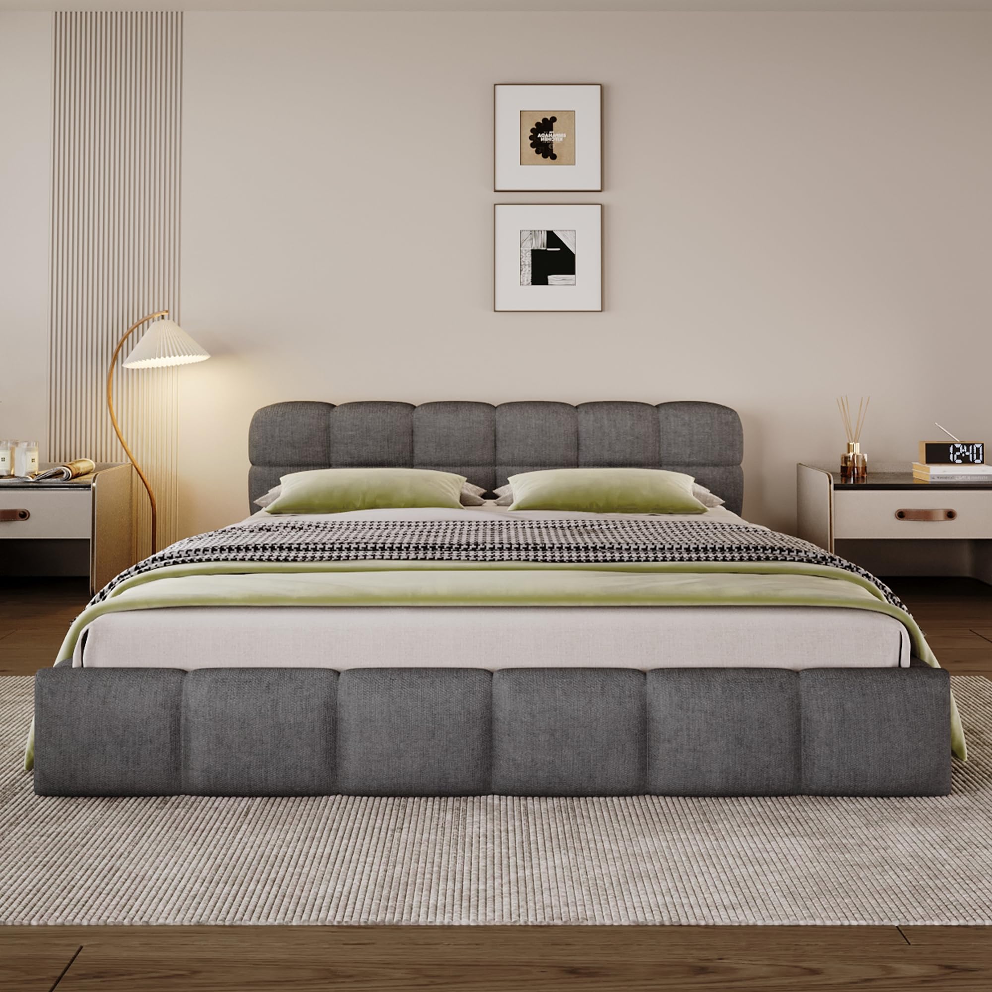 Merax Queen Size Elegant Chenille Upholstered Platform Bed with Thick Headboard and Footboard, Checkerboard Design Upholstery Grounded Bed Frame, Gray