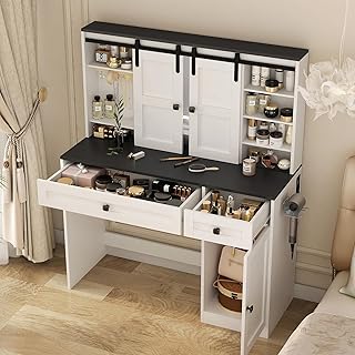Farmhouse Makeup Vanity Desk with Lights, Teen Vanity with Power Outlet,...