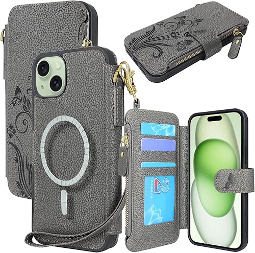 Lacass Compatible con MagSafe Case Wallet para iPhone 15 PlusiPhone 14 Plus de 6.7 pulgadas, 3 tarjeteros con cremallera de piel, cierre magnético,