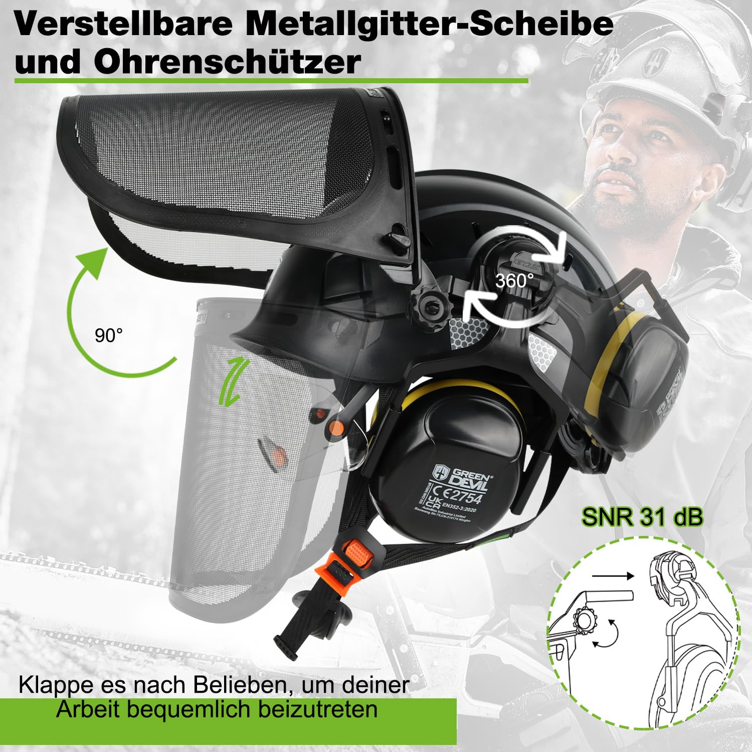 GREEN DEVIL Casco de seguridad para motosierra forestal EN397, certificado EN397, sistema 5 en 1 con protección facial de malla, visera integrada y orejeras, ventilado, para trampas de madera y