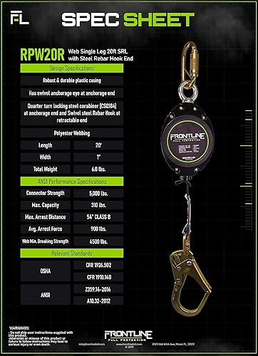 Miniatura 28 de Frontline RPW20 Web de una sola pierna SRL con extremo de gancho de acero Cumple con OSHA y ANSI SRL Duradero, ligero y compacto Cincha sin