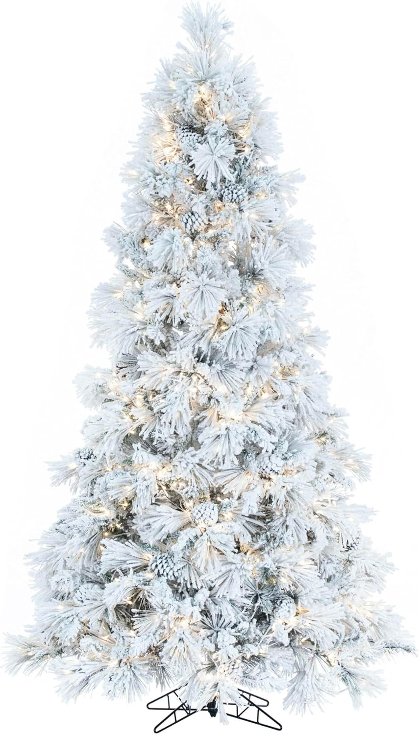 Vickerman 7.5' x 49" Flocked Atka Pine Slim Artificial Prelit Christmas Tree, Warm White Wide Angle Low Voltage 3mm LED Lights, Snow Covered Faux Tree - Seasonal Indoor Home Decor