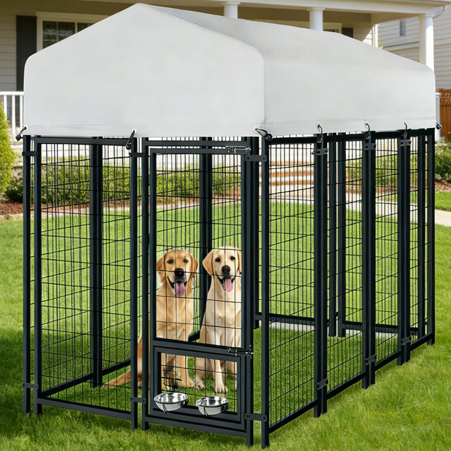 LotFun Heavy Duty Outdoor Dog Kennel, 10 x 10 FT Dog House Enclosure, Alloy Steel, UV-Resistant Canopy Cover, Double Lock Security System, 120 x 120 x 60 Inches (8 x 4 x 5 FT)