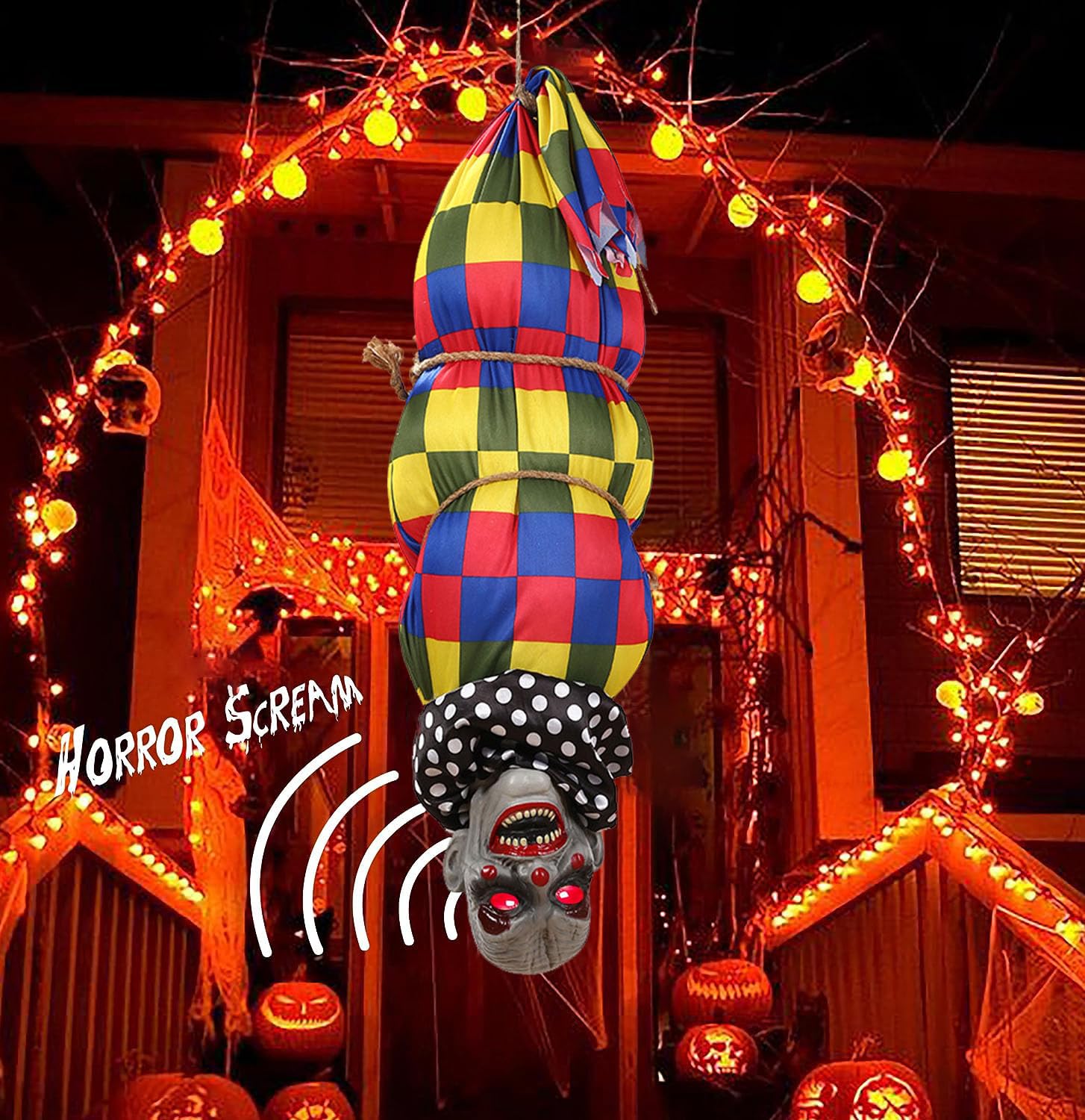 Cadavere animato da appendere per Halloween, alto 75 cm, con occhi a LED lu