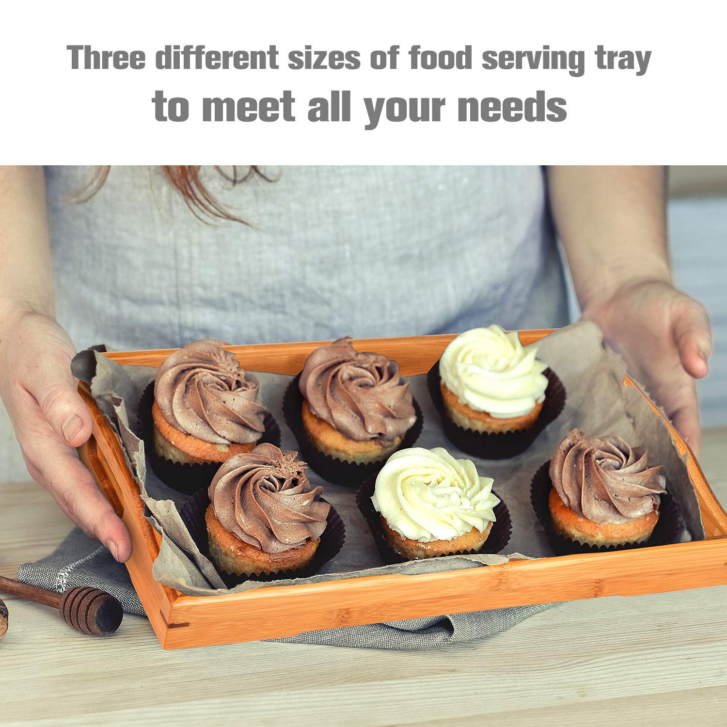 3 Pack Serving Tray,Large Bamboo Serving Tray with Handles Wood Serving Tray Set for Coffee,Food,Breakfast,Dinner