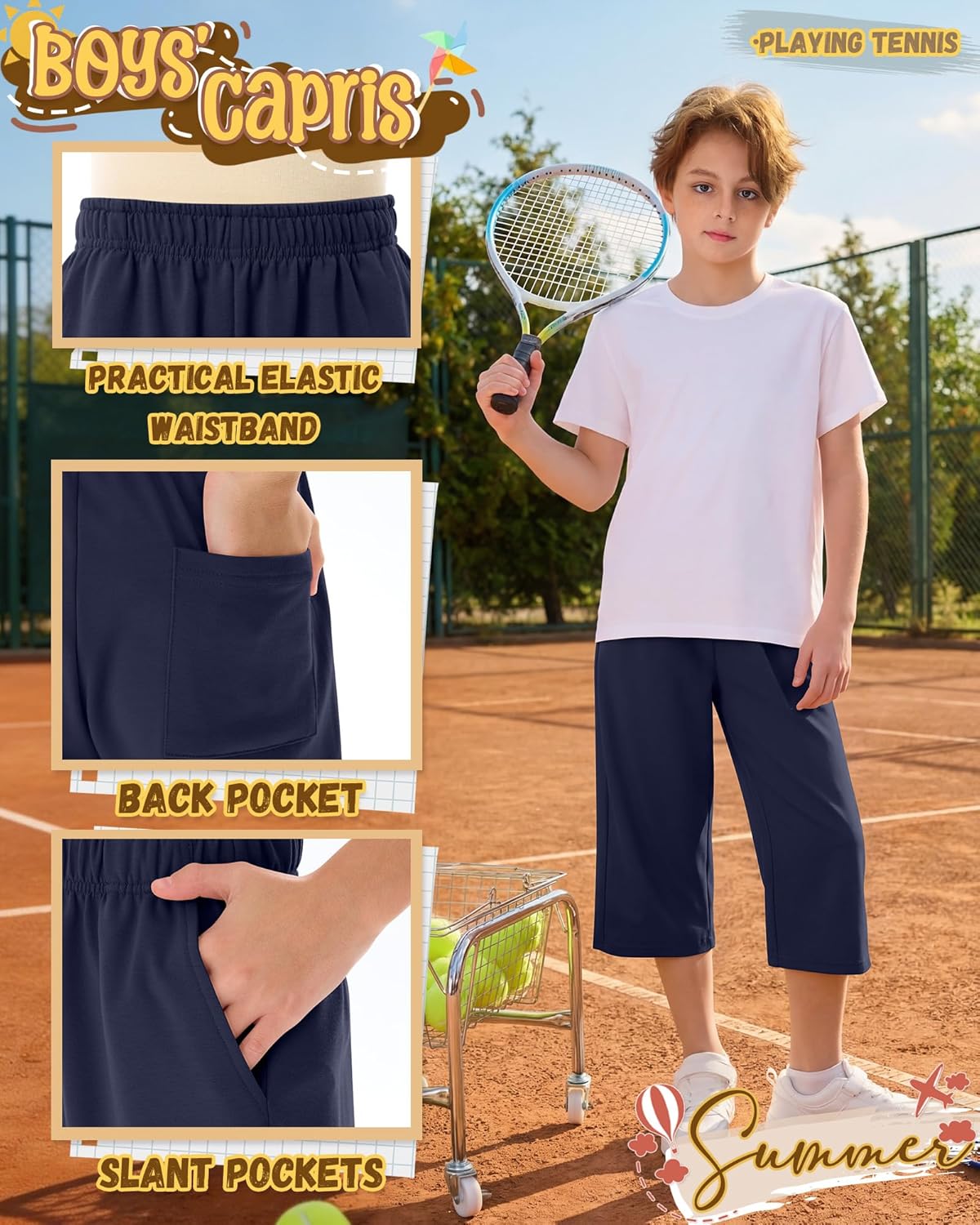 3 Pack Boys Capri Pants Kids Pull On Capris Elastic Waist 3/4 Sweatpants Below Knee Loose Shorts with Pockets