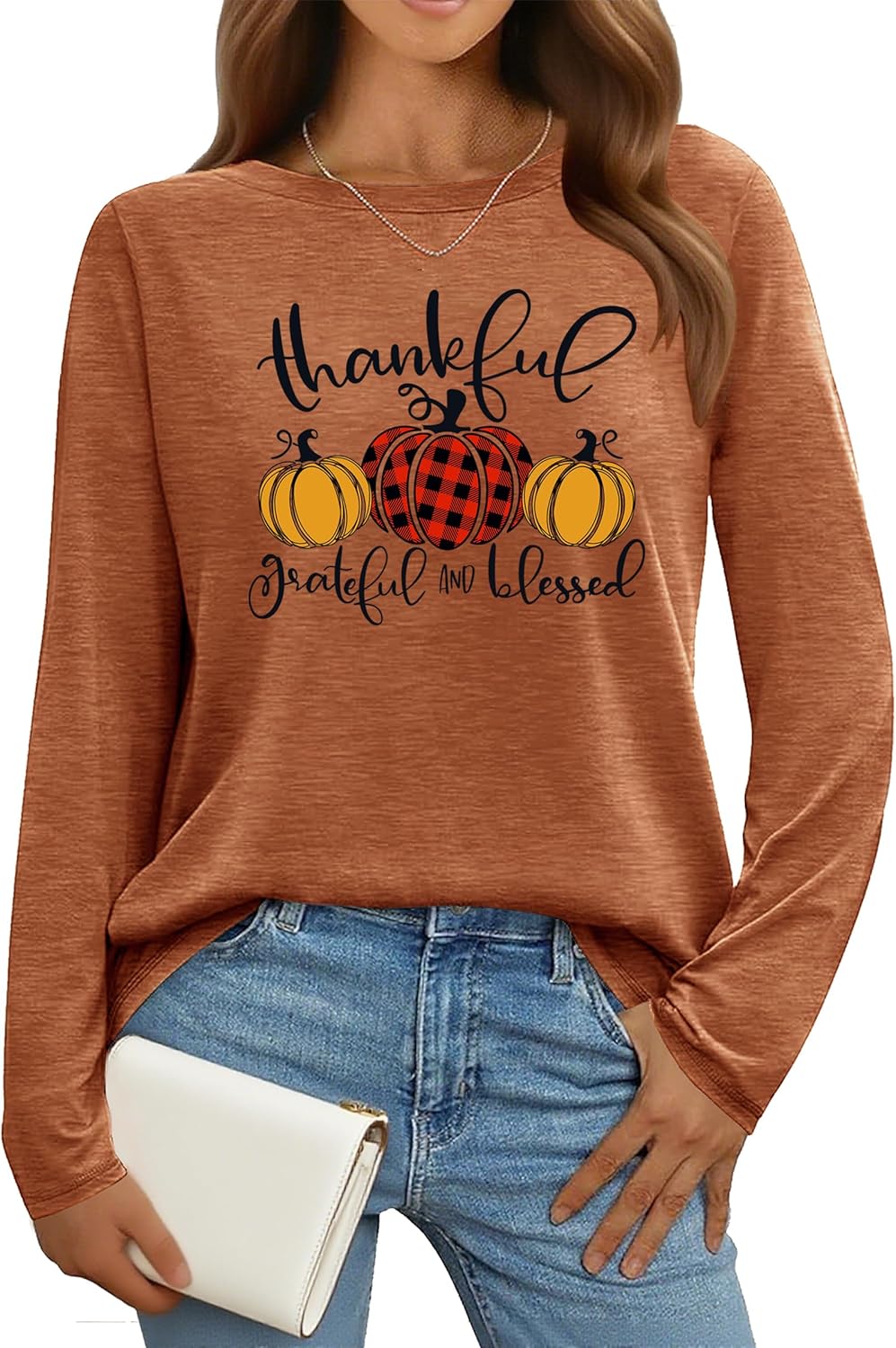 Thanksgiving Shirts for Women: Thankful Grateful Blessed Pumpkin T-Shirts Fall Long Sleeve Pullover Tops