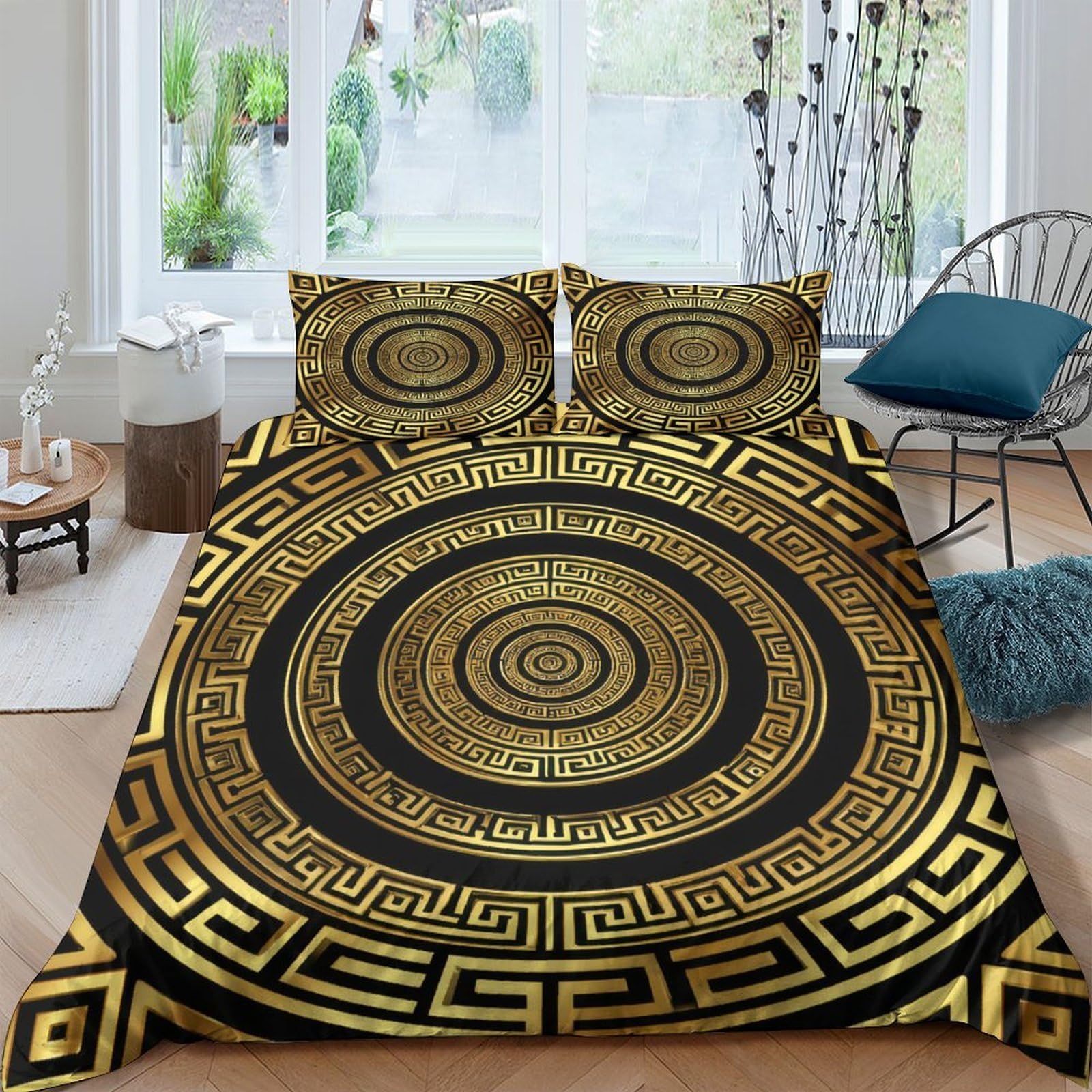 GPLZQXKJNH 3D Printed Geometric Mandala Duvet Cover Microfiber Gold Black Greek Pattern Bedding Set with 2 Pillowcases for Bedroom Apartment Single（135x200cm）