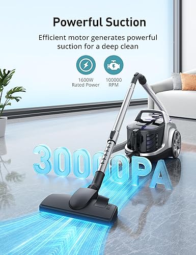 Miniatura 2 de Aspiron Aspiradora de recipiente, aspiradora mejorada de 1600 W sin bolsa, rebobinado automático del cable, filtro HEPA H13, gran capacidad de 3.7