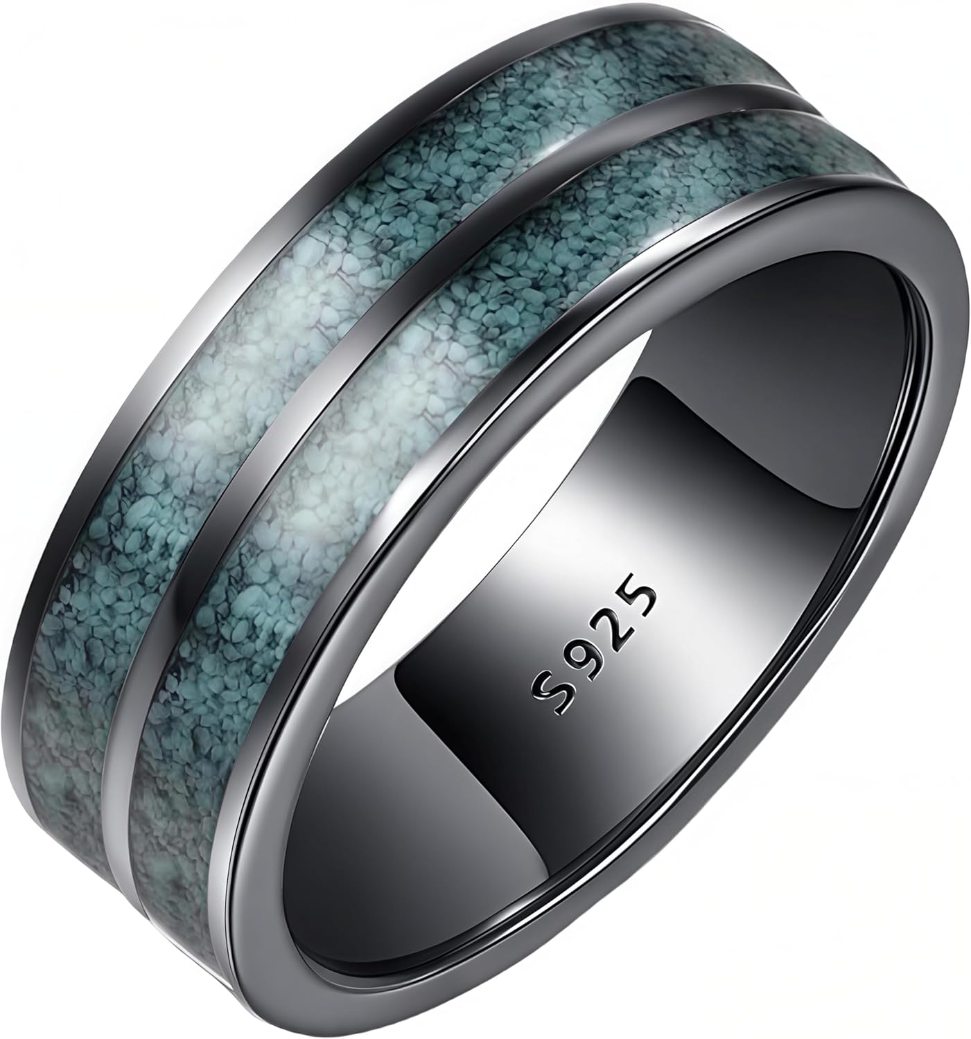 Black Rings for Men, Wedding Bands with Turquoise Wood, 925 Sterling Silver Engagement Promise Ring, High Polished, Comfort Fit Size 5-15