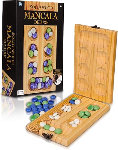 Point Games Solid Wood Deluxe Mancala - Juego de mesa plegable con pestillo de metal y mármoles de vidrio, juego portátil de estrategia de viaje, a