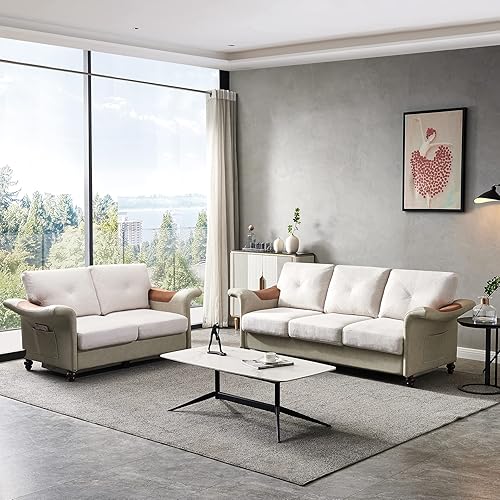 Homtique Juego de muebles de lino y cuero para sala de estar moderno juego de sofá modular y sofá biplaza con reposabrazos curvos tapizado juego de