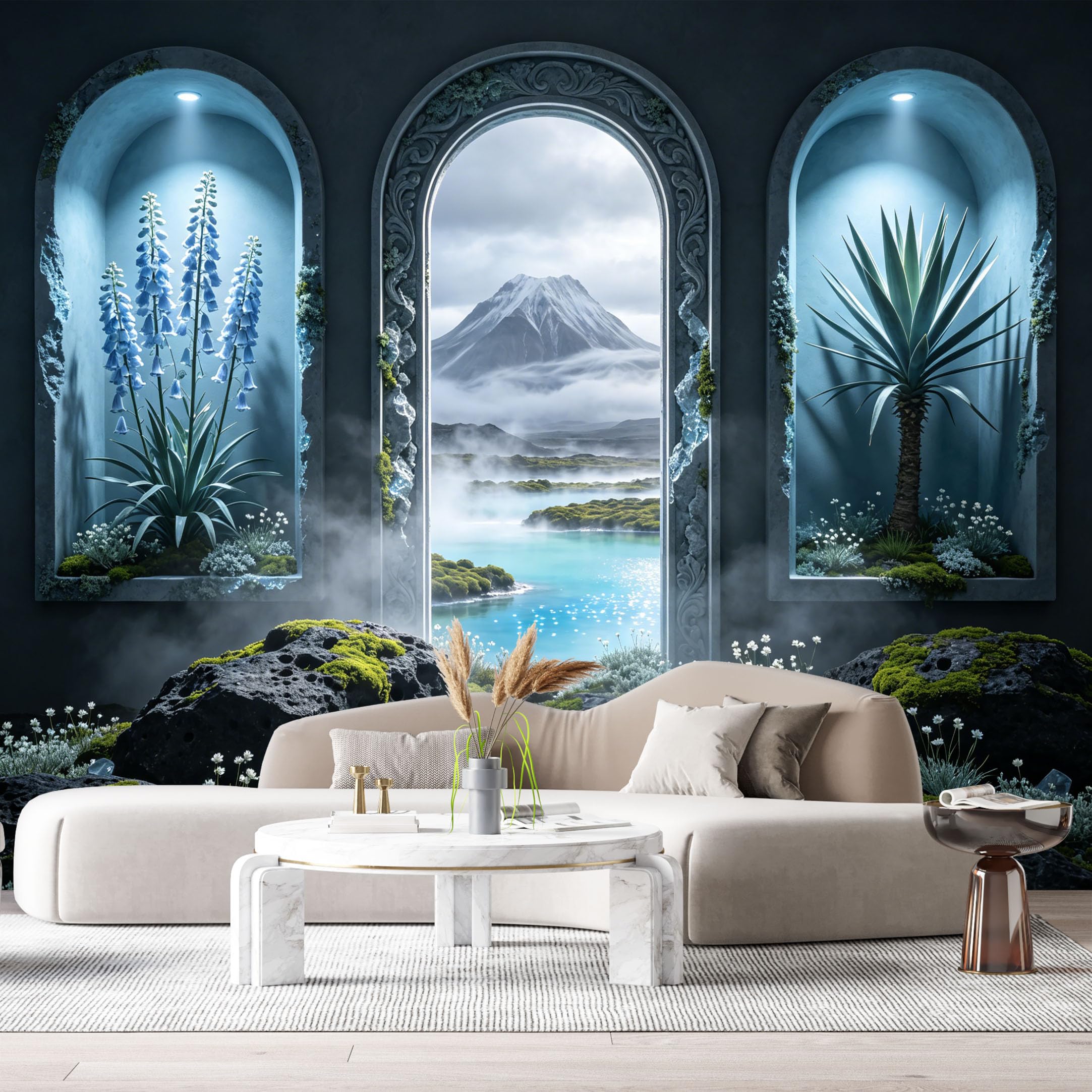 Custom Size Wall Murals Mountain Lake Botanical Archway 3D Trompe L'Oeil Modern SelfAdhesive Wall Fabric Removable Large Wallpaper for Photo Living Room Interior Decor
