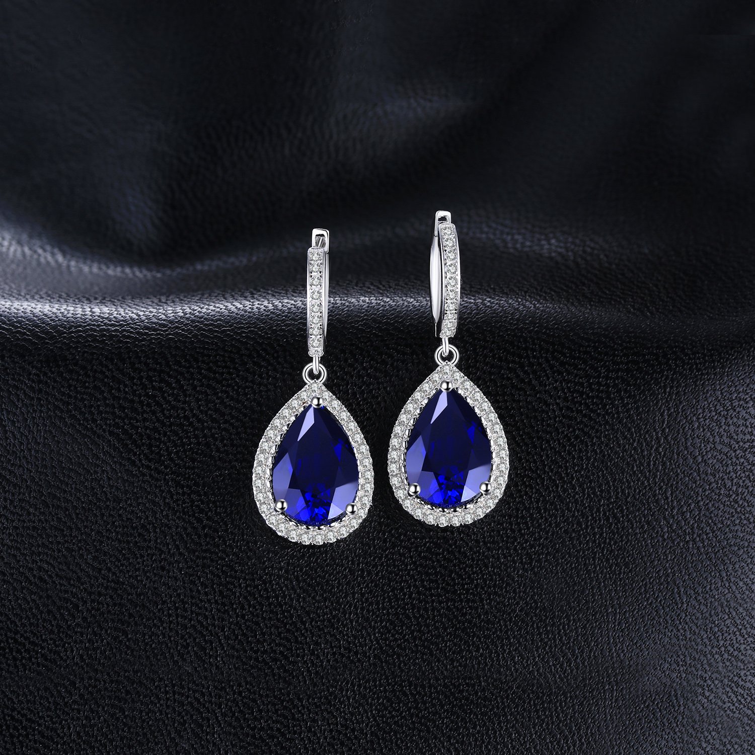 JewelryPalace Halo Pendientes Colgantes Mujer Plata Oro 14k Oro Rosa, Pendientes de Gota con 12.4ct Zafiro Azul Creado Corte Pera, Pendientes Largos Niña con Piedras, Joyas Mujer