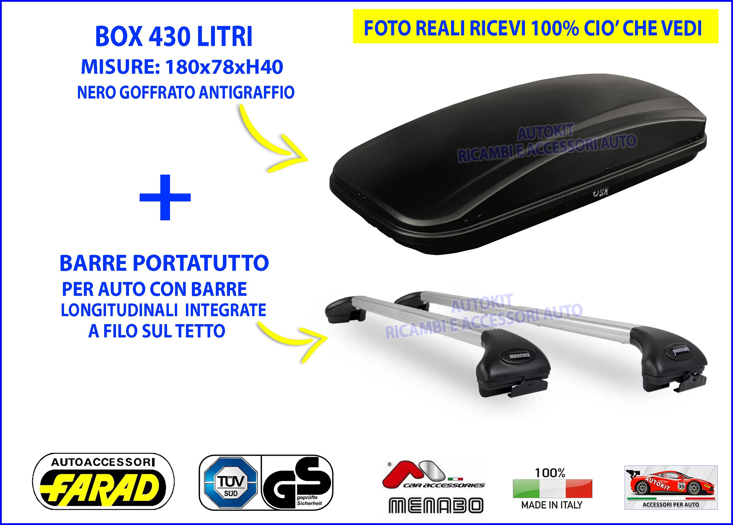 BOX BAULE da tetto Auto "FARAD" da 430 litri PORTAPACCHI + 2 BARRE PORTATUTTO Specifiche per Q4 E-TRON Prodotte dal 2021 in poi - 1-93431 - M12060000