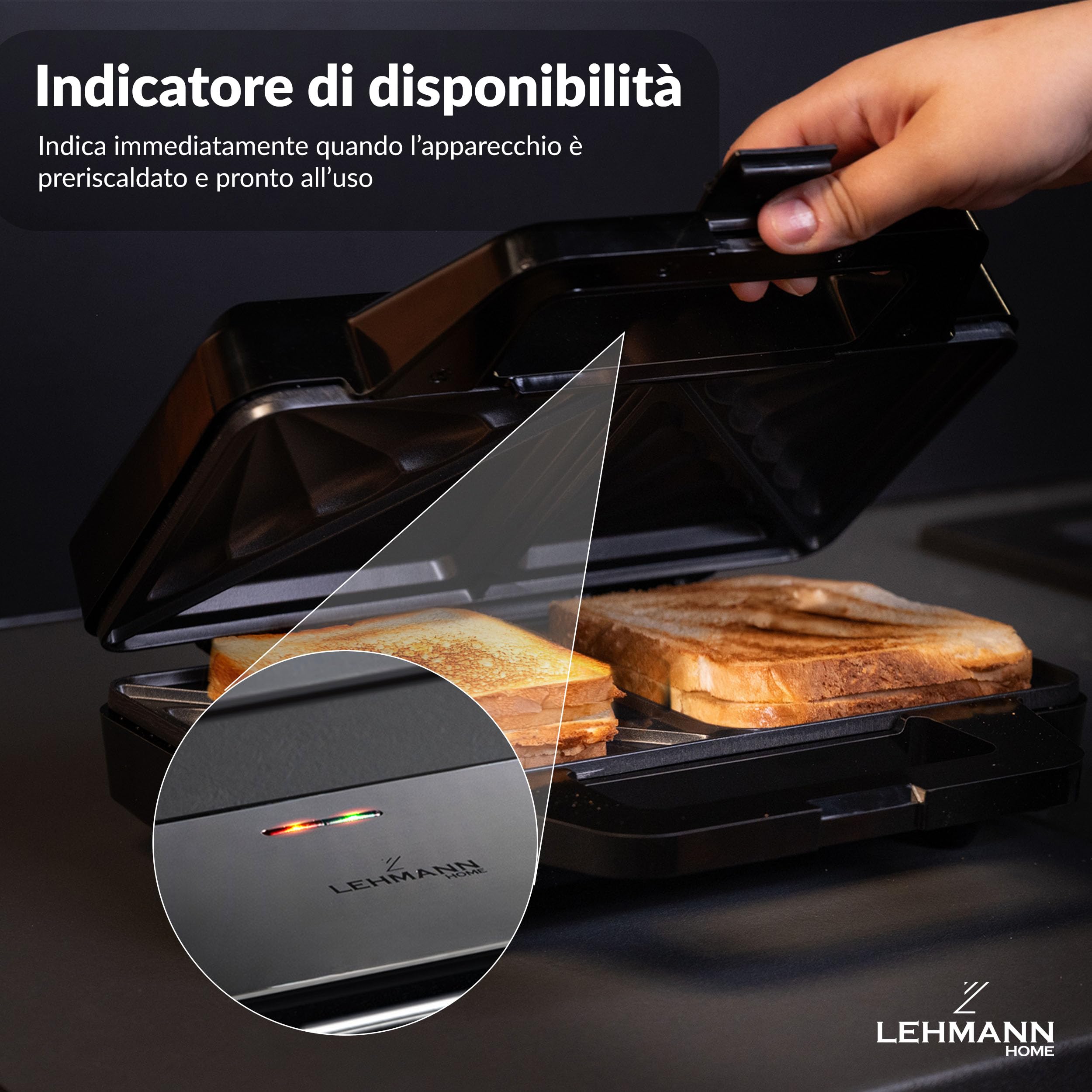 LEHMANN Sandwich Maker XXL – Piastre Extra Grandi – Tostiera Elettrica XXL per 2 Sandwich a Forma di Conchiglia – Antiaderente – Indicatore di Prontezza – Facile da Pulire – 1000W