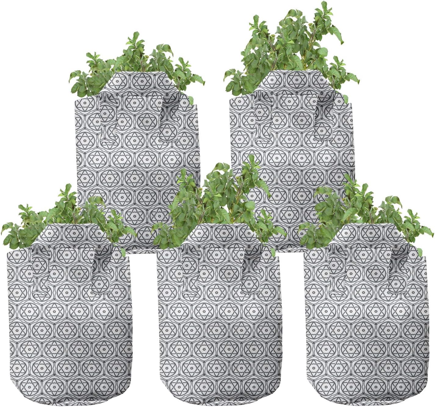 Ambesonne Abstract Grow Bags 5-Pack, Floral Like Ornates Art, Heavyduty Fabric Pots with Handles for Plants, 5 Gallon, White Dark Slate Blue