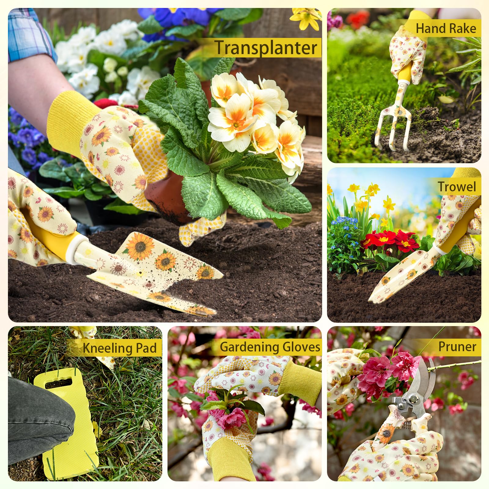 Regalos de jardinería para mujeres, herramientas de jardinería para mujeres, juego de 9 herramientas de jardín de girasol con bolsa de herramientas de jardín, cumpleaños para el día de la madre, para