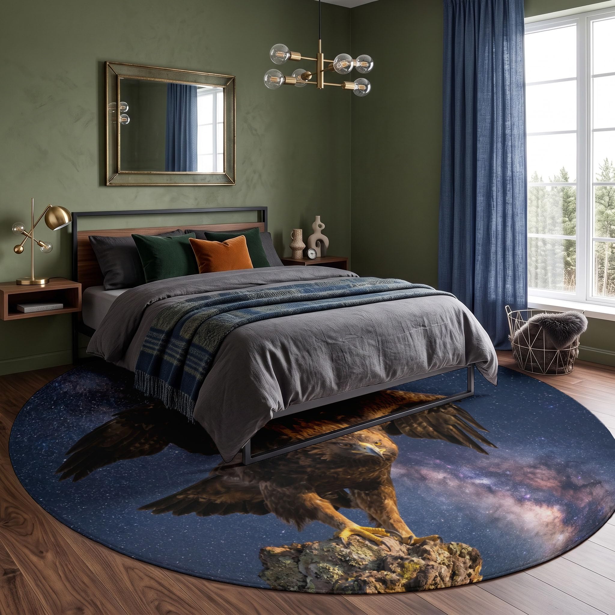 Tapis Rond Aigle Ciel Étoilé 100cm | Créature Fantastique Rond Tapis Doux Résistant, Lavable Antidérapant pour Chambre à Coucher Salle à Manger