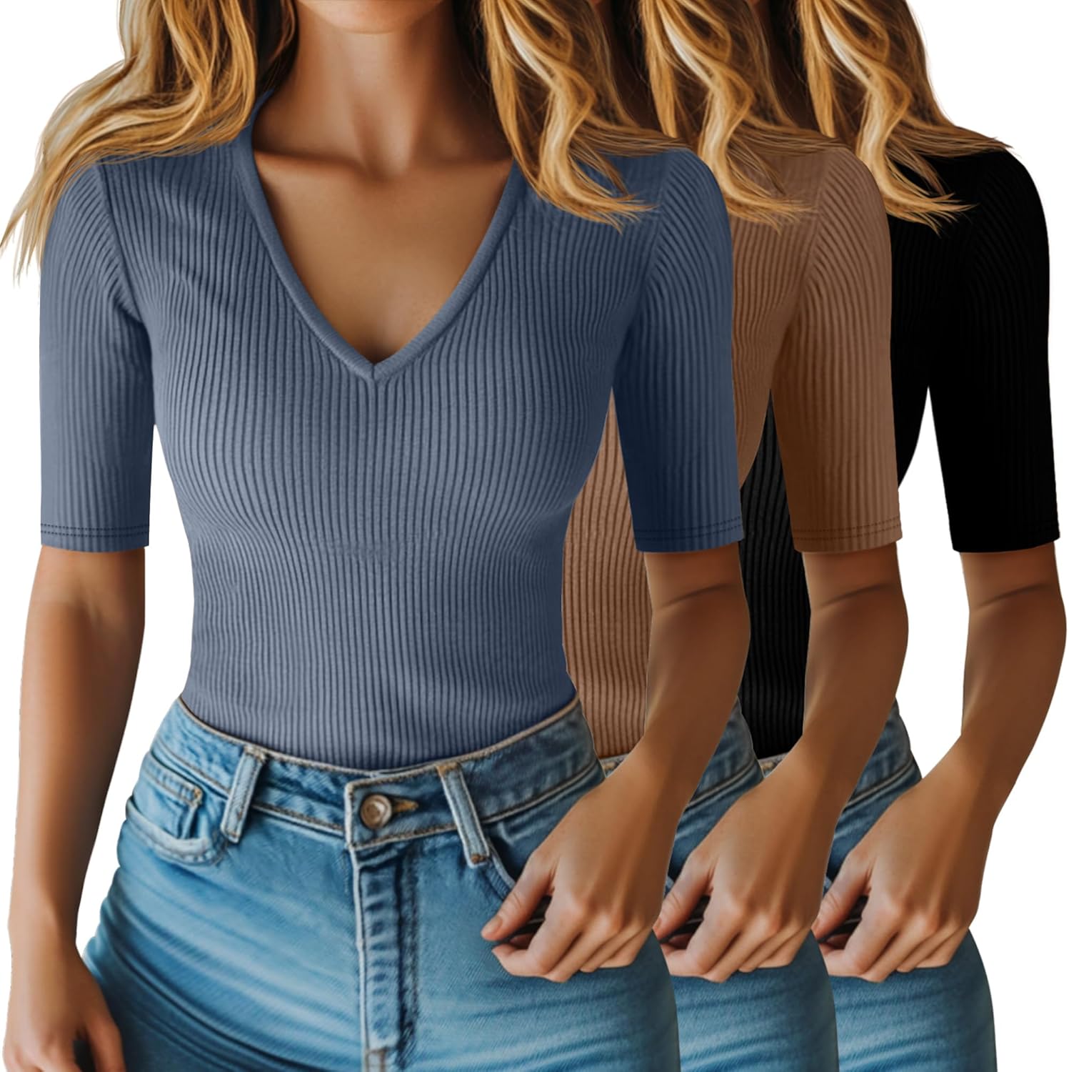 Riyiper 3 Pack Women's Half Sleeve Top Elbow Length Ribbed Cotton T Shirt Women V Neck Summer Tee Slim Fit Casual Blouses