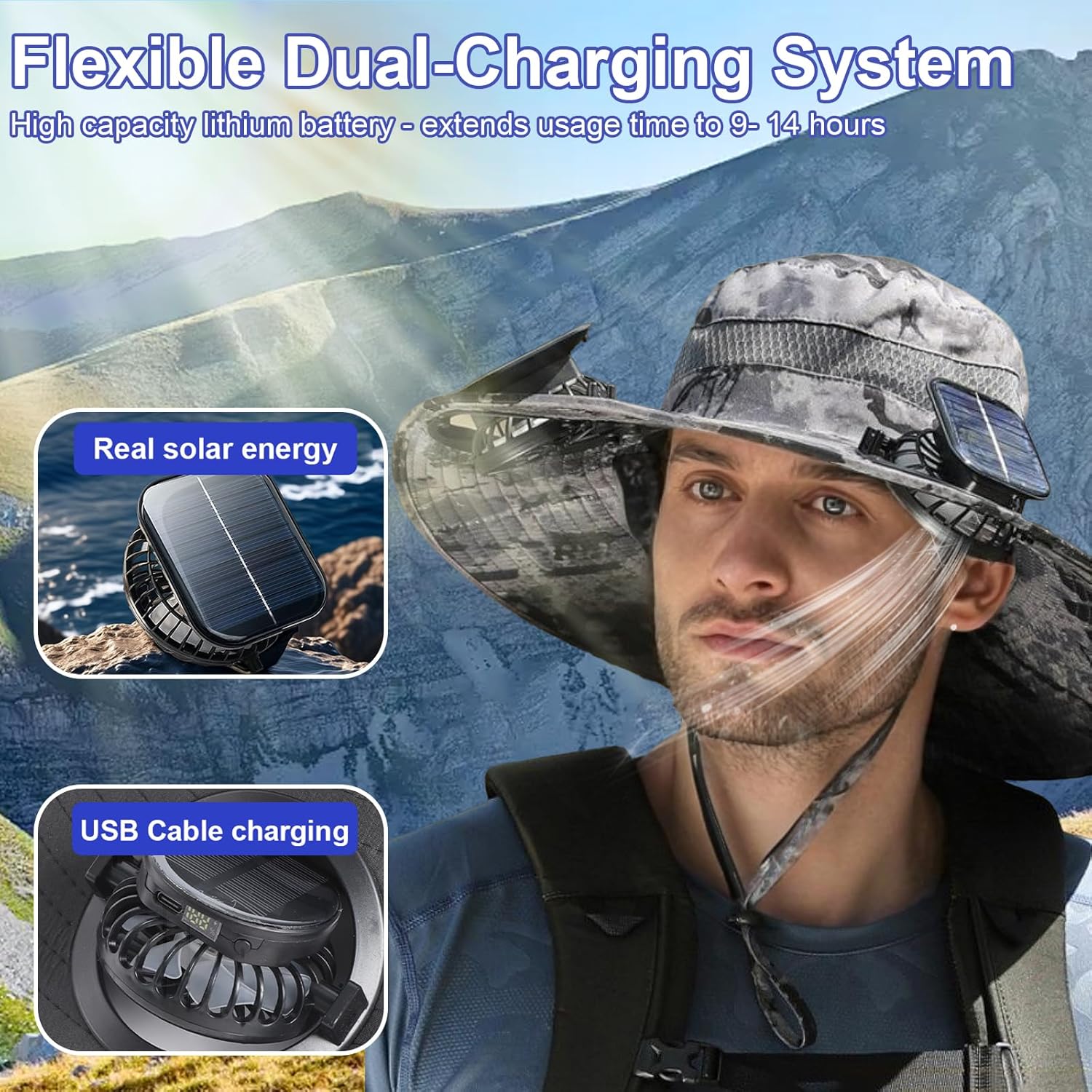 Solar Powered Fan Hat, Wide Brim Sun Hat, Waterproof UPF 50+ Solar Fan Outdoor Fishing Hat with 2 USB Solar Charging Removable Fans for Outdoor Fishing Gardening Camping Beach Travel Grey - Image 4