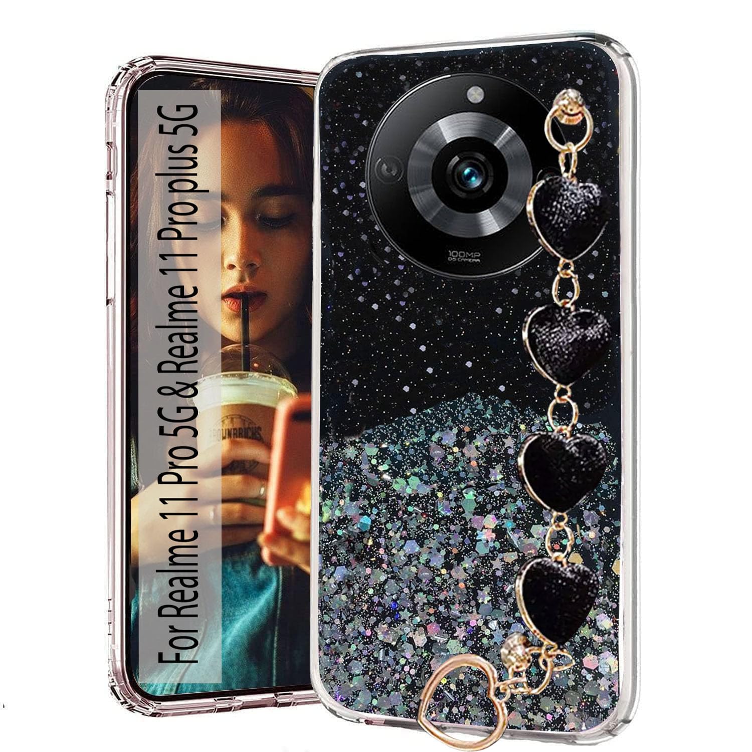 KC Back Cover for Realme 11 Pro 5G & Realme 11 Pro Plus 5G - Dry Fixed Non Movable Glitters Shiny Love Hearts Bracelet Chain Holder Soft Silicone Case (Black) (B0CGRQBF87) Amazon Price History, Amazon Price Tracker