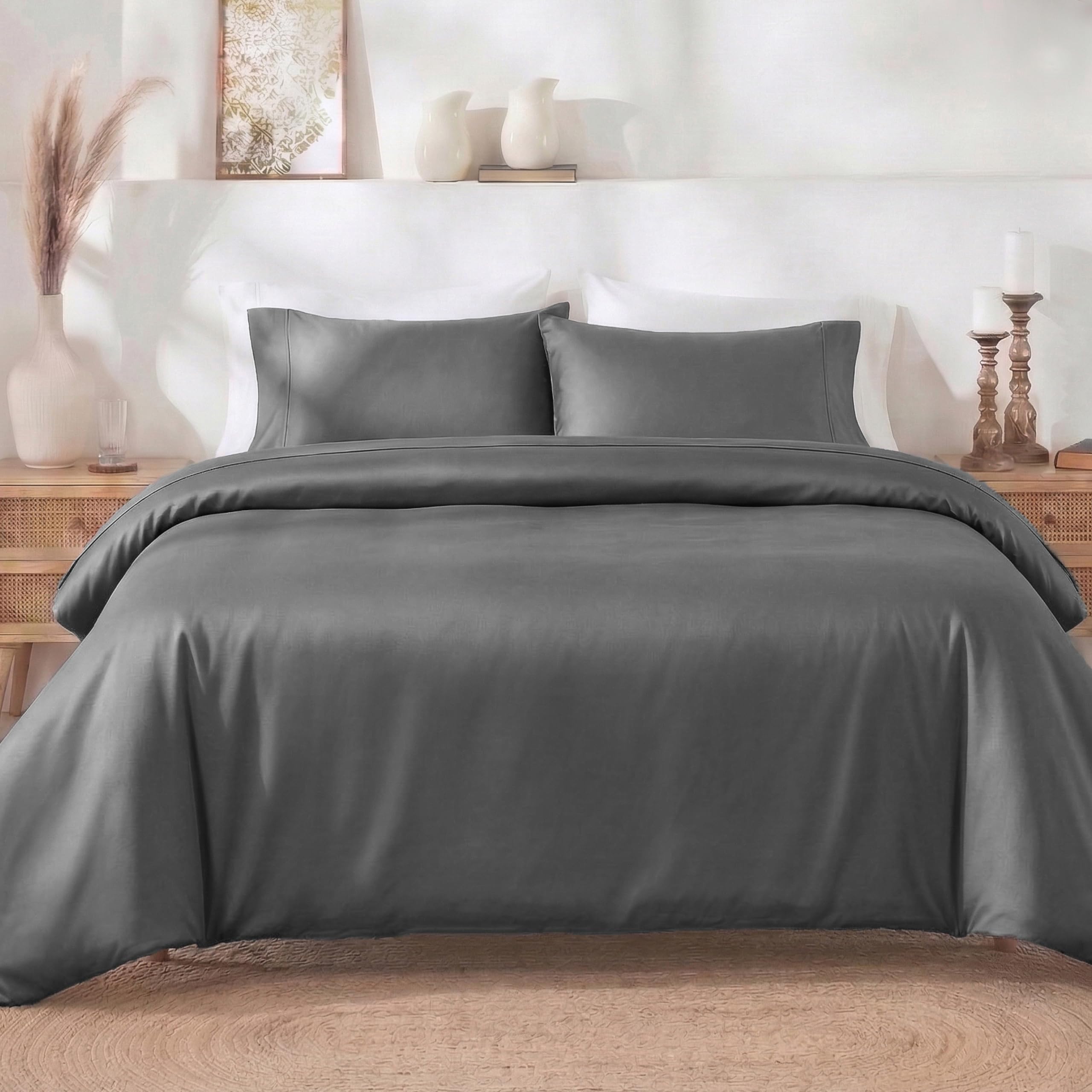 California Design Den 3 Pc Full/Queen Size Duvet Cover Set - Winner Good Housekeeping Best Bedding Awards 2025, 400 Thread Count Sateen, 100% Cotton Duvet Cover Queen,Button Closure, Corner Ties -Grey