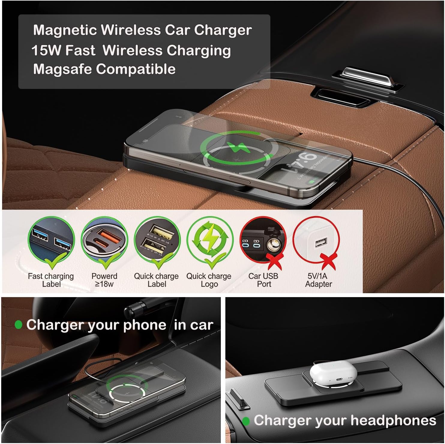 Wireless Charger Car Magnetic Charging pad Fast Wireless Phone Charger Cell Phone Cordless Charging mat Compatible with iPhone 16/15/14/13/12, Airpods Earbuds(C11MAG)