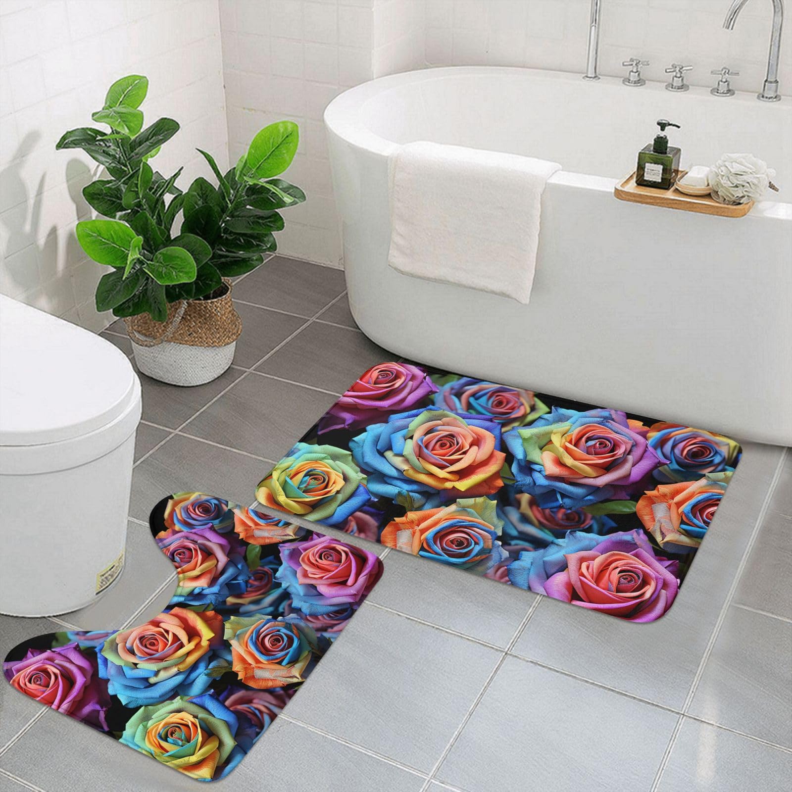 Tapis de bain en U lot de 2 en microfibre absorbante et motif roses