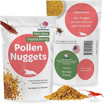 Snout and Shell Bee Pollen Nuggets for Shrimp Tanks 100% Natural Shrimp Superfood Supplement Boosts Color, Molting & Breeding Slow Sinking, Low-Waste Nano Tank Food 2 oz
