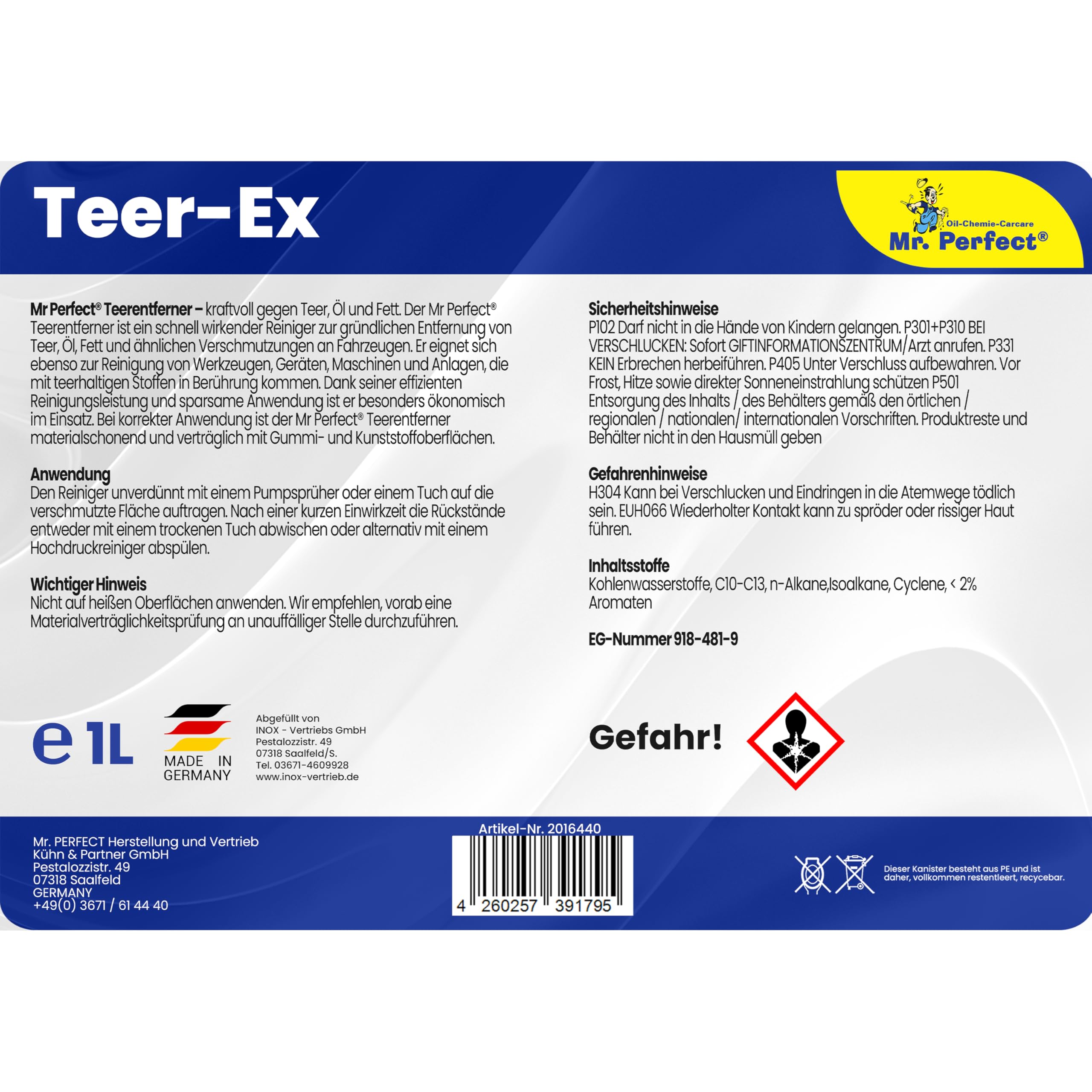 Mr. Perfect® Professioneller Teerentferner Auto - 4x1L I Bitumen Entferner - Entfernt effektiv Teer, Bitumen, Öl & Fett I Baumharzentferner - Teer Entferner für Auto, Wohnmobil, Werkzeuge & Mehr