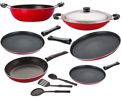 Nirlon Kitchen Accessories for Cooking Non Stick Aluminium 9 Pieces cookware Set, Red [2.6mm_FT13_FT12_KD12_CH_FT11_TP24_3SPN]