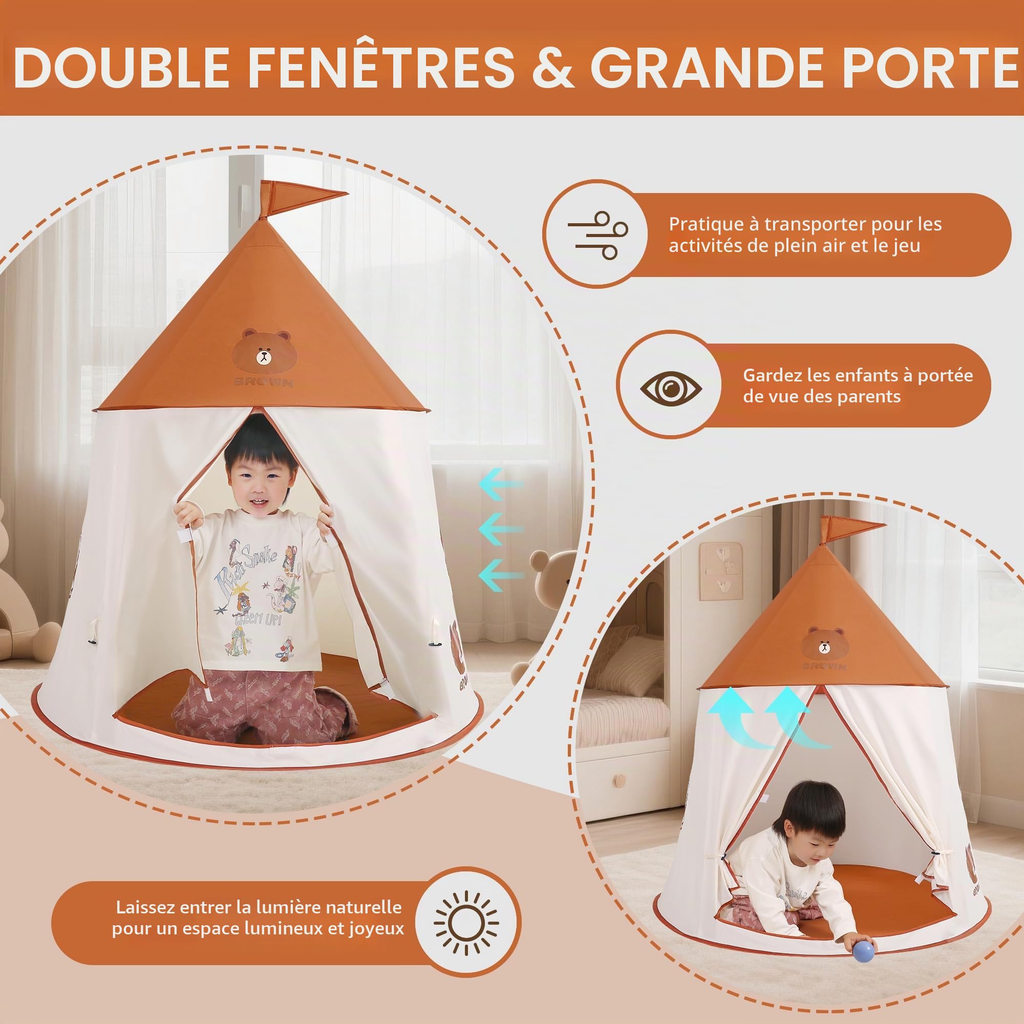Tente de jeu, pour enfant, tente de jeu, pour enfant, tente de château, portable, pop-up, style indien, maison de jardin, maison de jeu, pour chambre d'enfant, cadeau d'anniversaire, de Noël (ours