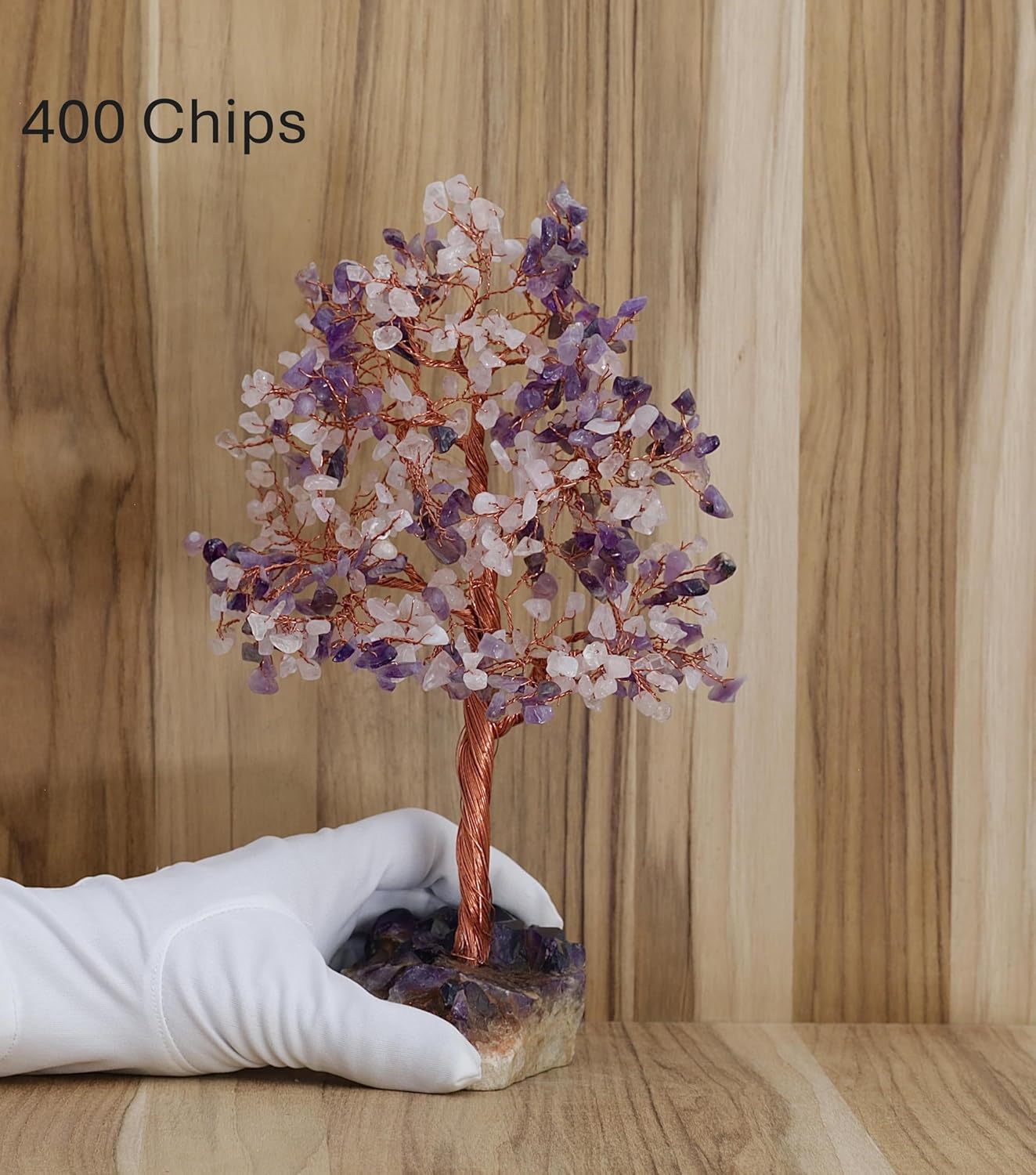 Amethyst and Rose Quartz Tree of Life, Set on Amethyst Cluster Base, February Birthstone. Feng Shui, Bonsai Tree (500 Chips- 11 Inches)