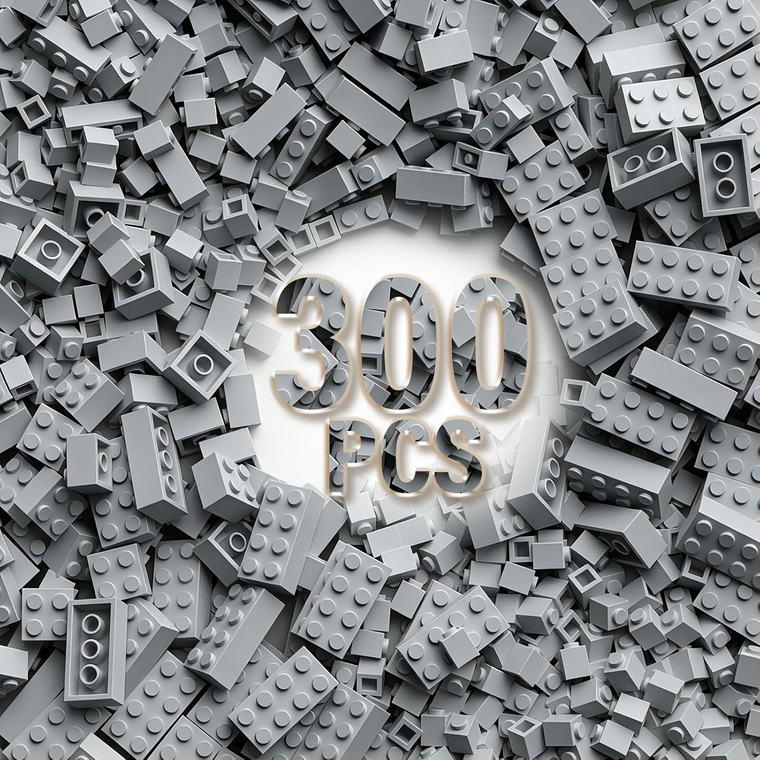300 Piece Building Bricks Bulk, 6 Size Classic Mixed Building Block Set, Compatible with Lego and Major Brands, Suitable for Boys and Girls Over 6 Years Old (Gray)