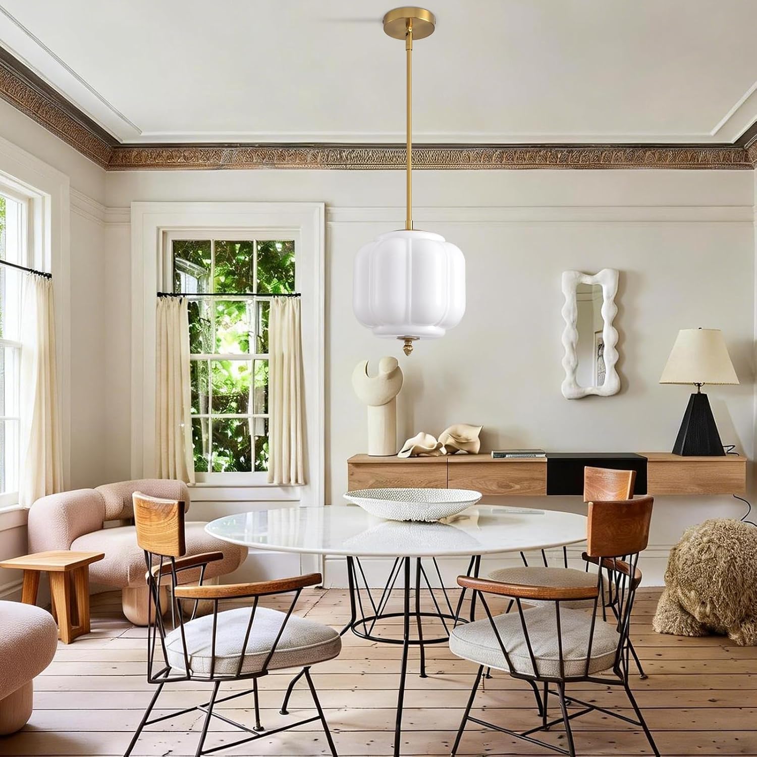 Vintage Milk Glass Pendant Lights 9.8 Inch Mid Century Modern Hanging Ceiling Light, Adjustable Height Kitchen Island Hanging Lights for Dining Room, Kitchen, Hallway and Bedroom, E26 Base