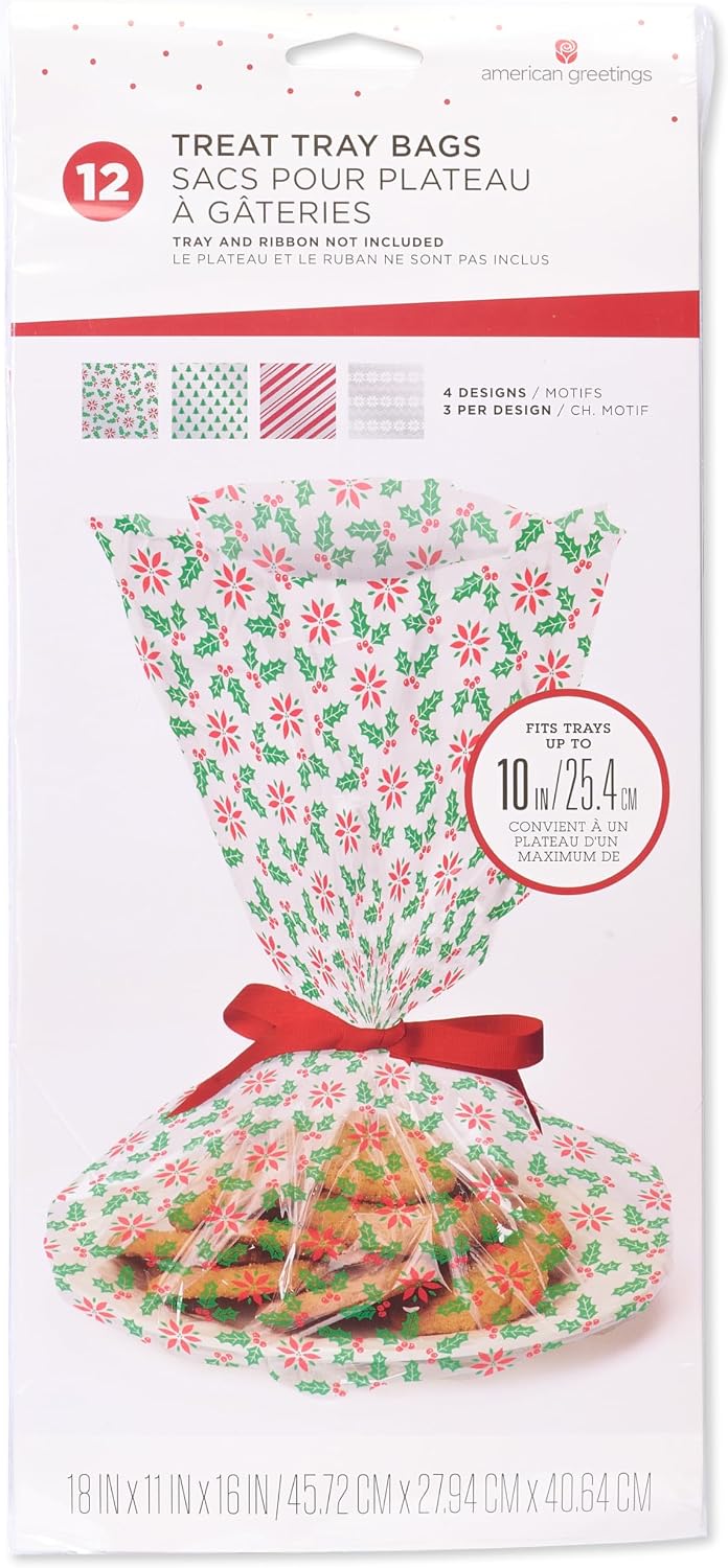 American Greetings Christmas Cellophane Cookie Tray Bags with Twist-Ties, Holiday Patterns (12-Count)