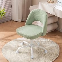 Vanity Office Chair with Wheels, Teddy Fleece Makeup Desk Chair with Curved Hollow Back, Adjustable Swivel Armless Chair for Bedroom, Dressing Room, Small Space Green
