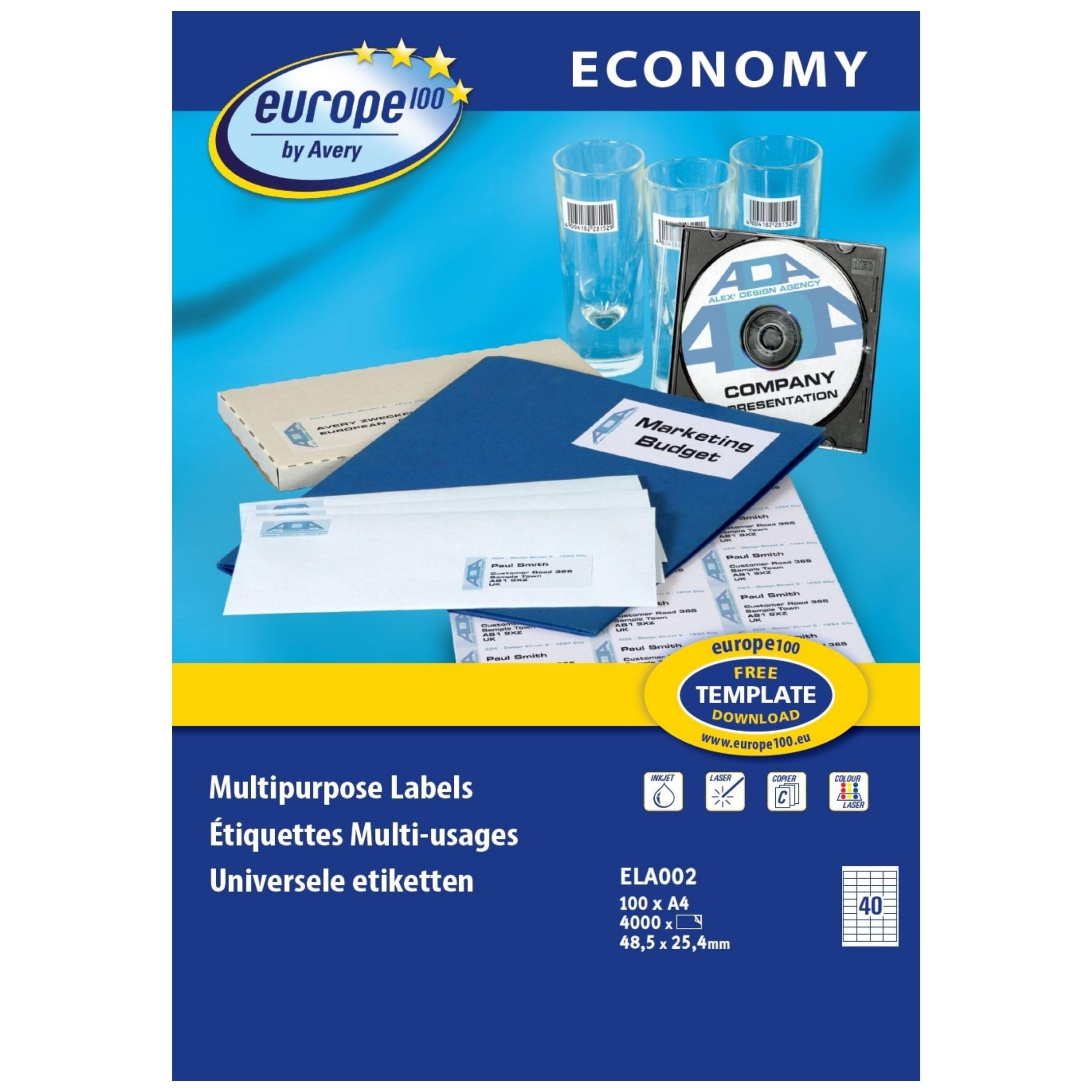 EUROPE 100 4000 Labels, 48.5x25.4mm, White, Multi-Purpose, Self-Adhesive Labels
