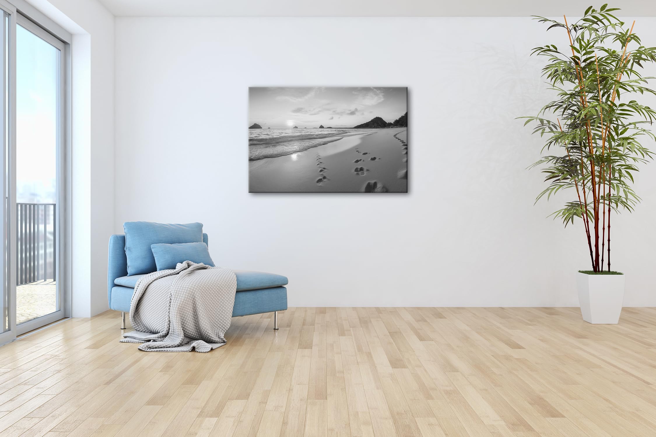 deyoli Leinwandbild Fußspuren im Sand – Sonnenuntergang küsst das weite Meer. Format: 120x80cm Effekt:Schwarz&Weiß XXL Kunstdruck Bild auf Keilrahmen/Wandbild/Wohnzimmer Dekoration