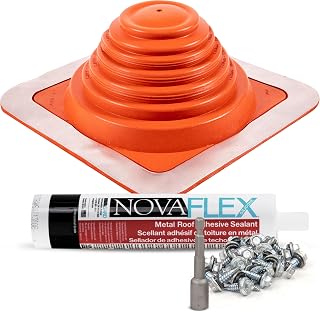 Fasteners Plus #3 High Temp Roof Boot Kit, Fits Pipe Diameters 1/4" - 5-3/4" Wide, Includes High Temp Square Metal Roof Flashing Boot, NovaFlex Sealant and Roofing Stitch Screws, Red