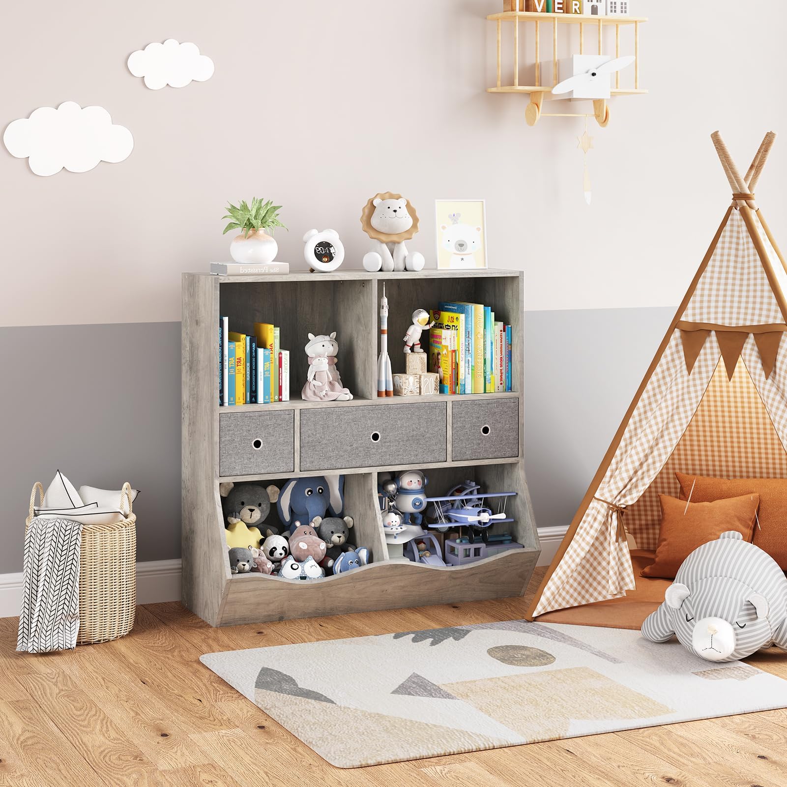 Zstar Lot de 2 bibliothèques pour Enfants avec 7 Compartiments et 3 tiroirs Amovibles – Étagères en Bois Gris pour Chambre, Salle de Jeux, Salon, Couloir, Maternelle – Système : System Default