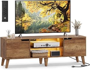 VASAGLE TV Stand with Charging Station, for 65-Inch TVs, Entertainment Center with LED Light, 57.9-Inch Long Media Console Table, Transitional Style, for Living Room, Bedroom, Honey Brown ULTV560K01