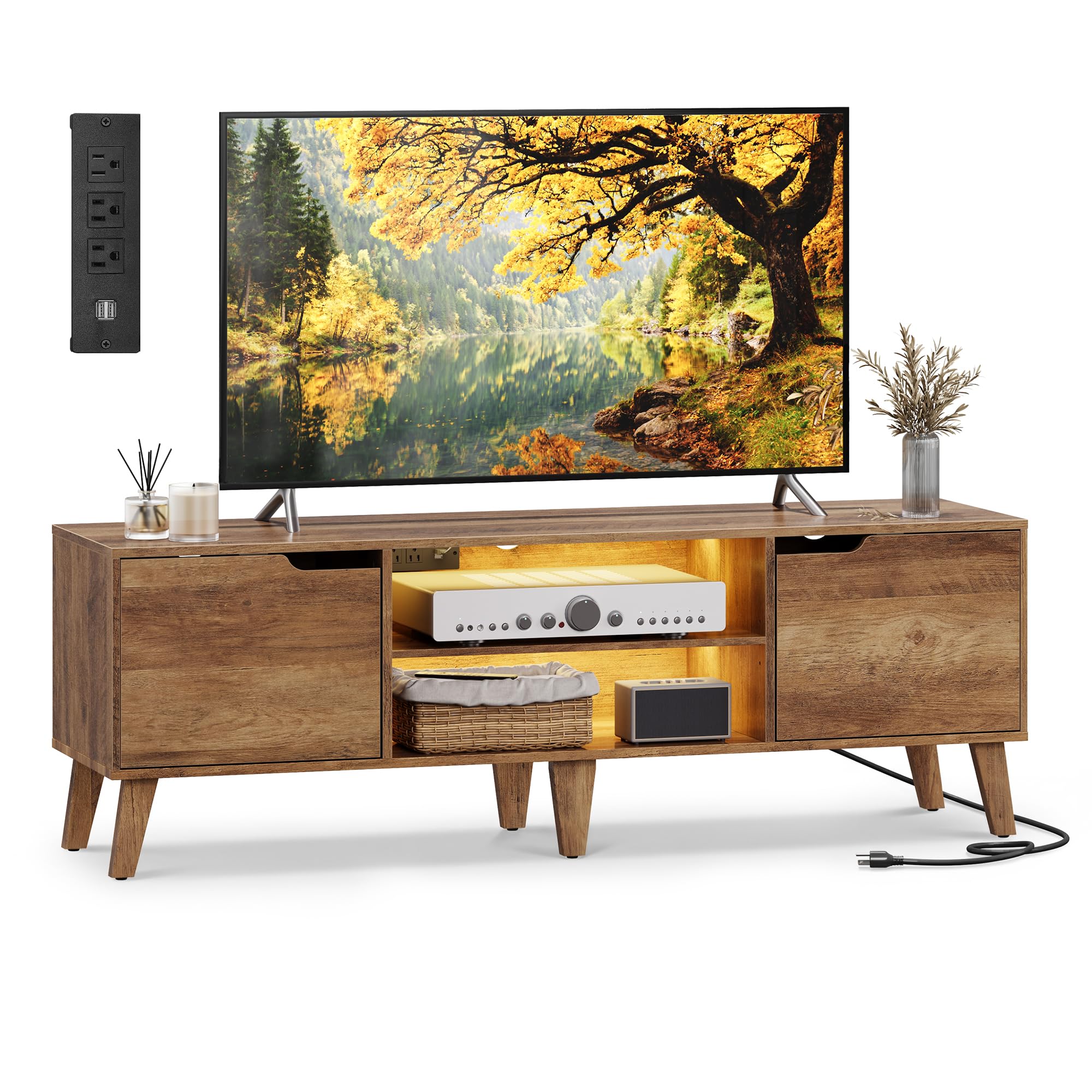 VASAGLE TV Stand with Charging Station, for 65-Inch TVs, Entertainment Center with LED Light, 57.9-Inch Long Media Console Table, Transitional Style,