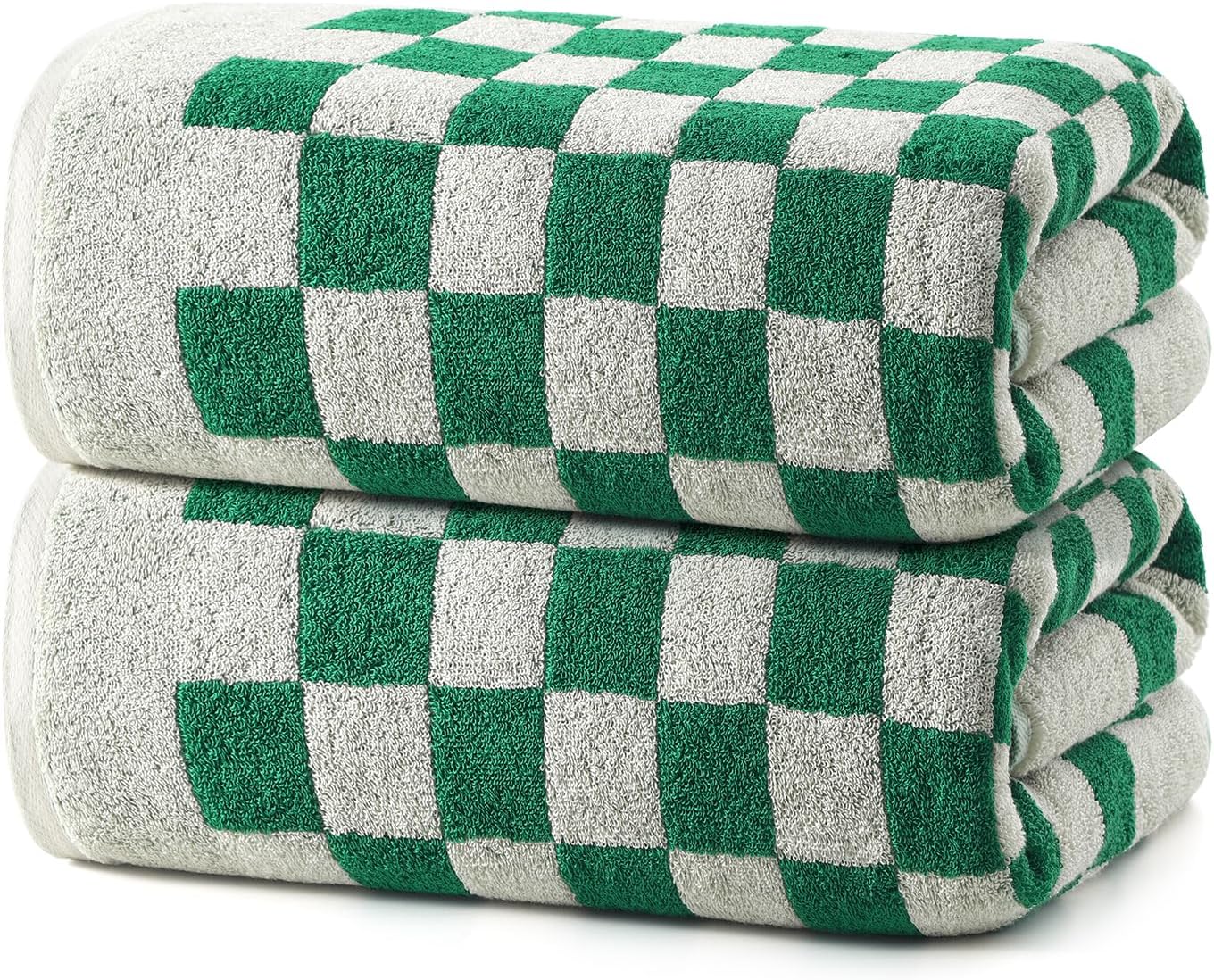 REDKISS 2 Piece Green Checkered Bath Towels Set -Highly Absorbent 600GSM Cotton Towels for Bathroom Decoration, Retro Green Checker Design
