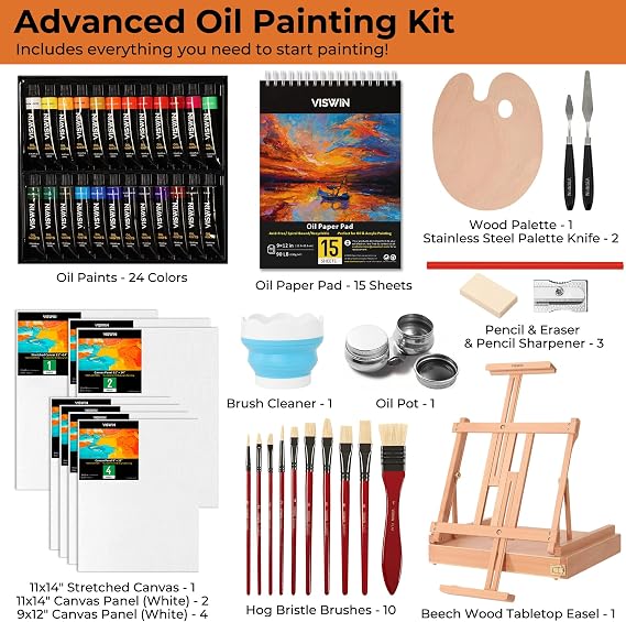 Deluxe Oil Paint Set with Beech Wood Easel Box, Advanced Painting Kit with Paint Brush, Canvas, Palette, Oil Cup, Brush Washer, Pencils, Art Supplies, Painting Set for Adult, Artist, Beginners